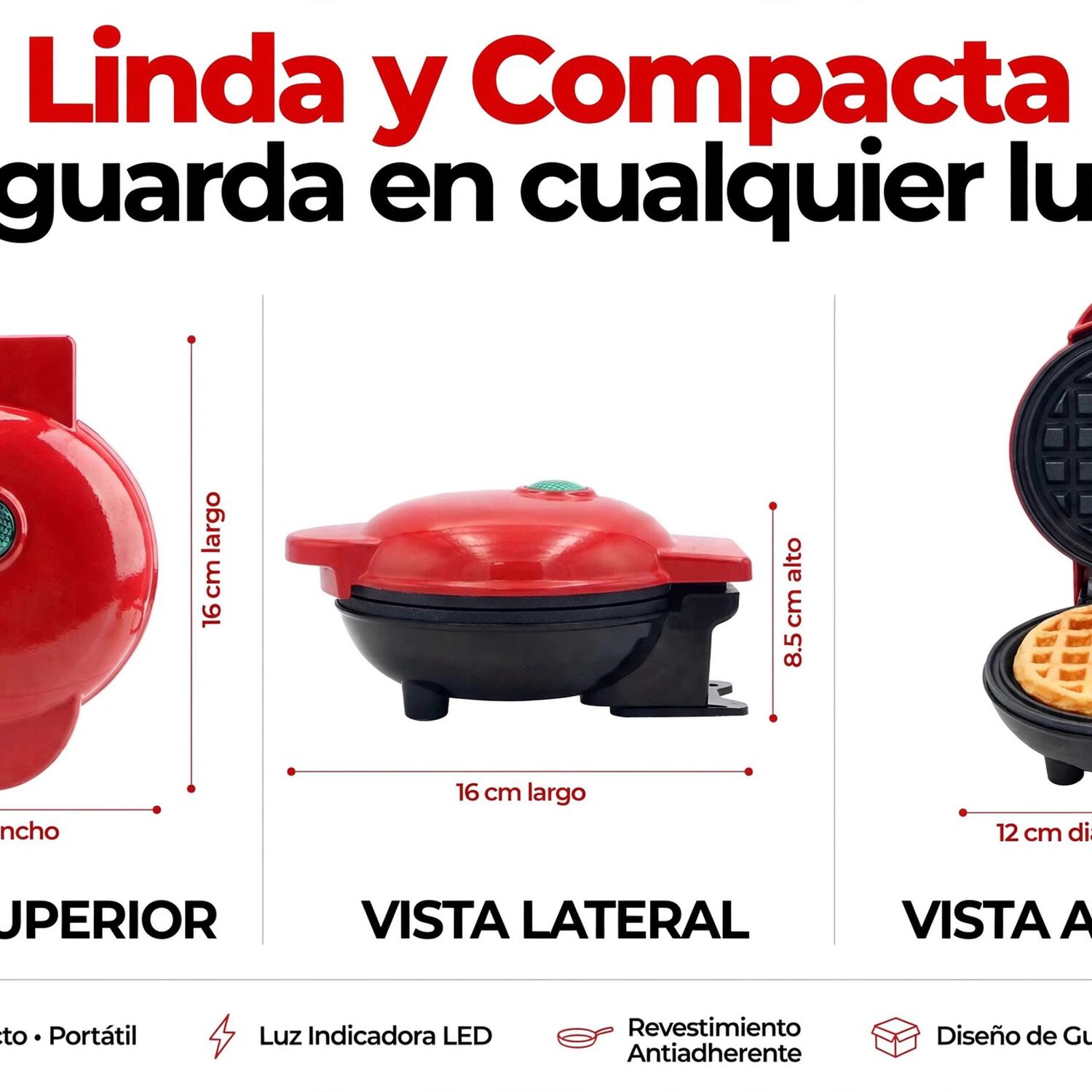 Mini M&aacute;quina Waflera El&eacute;ctrica 350w Antiadherente Color Rojo image number 6.0