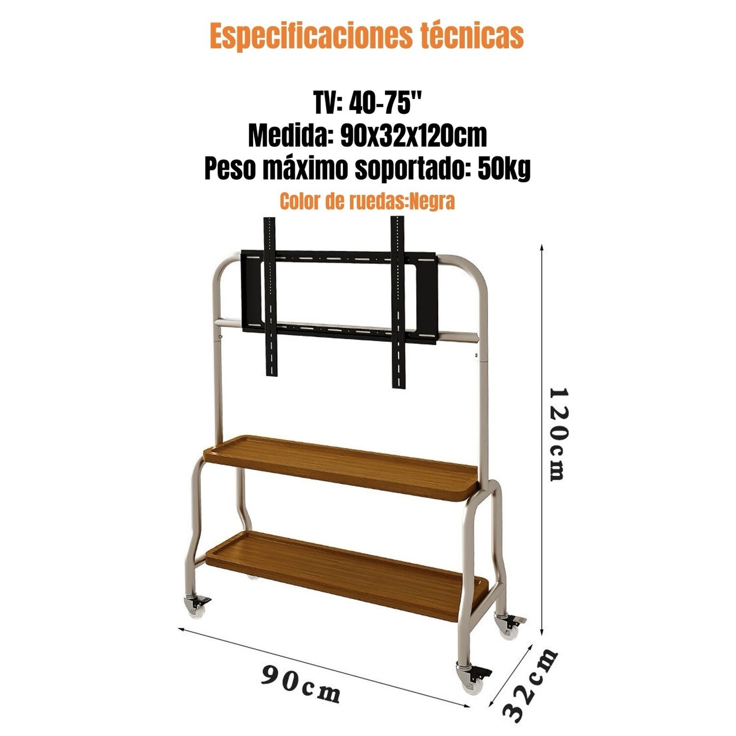 Soporte Tv Rack Pedestal 40&rdquo;-75&rdquo; Ruedas Doble Almacenamiento image number 1.0