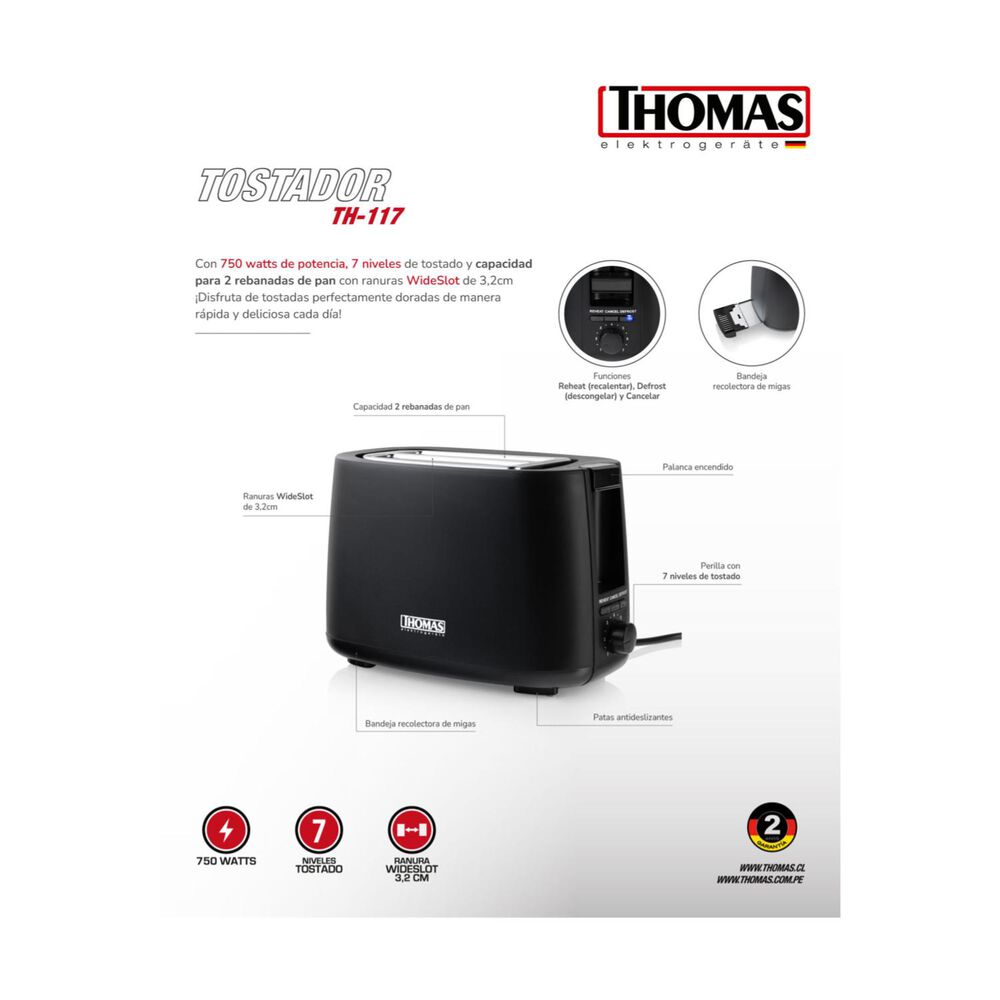 Tostador De Pan 2 Panes 750w 7niv Negro Th-117 Thomas image number 3.0