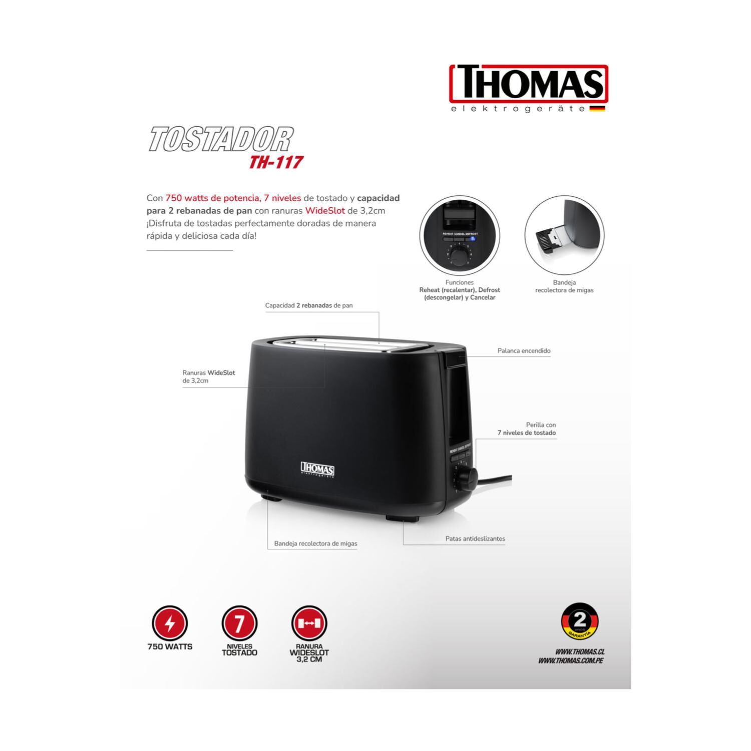 Tostador De Pan 2 Panes 750w 7niv Negro Th-117 Thomas image number 3.0