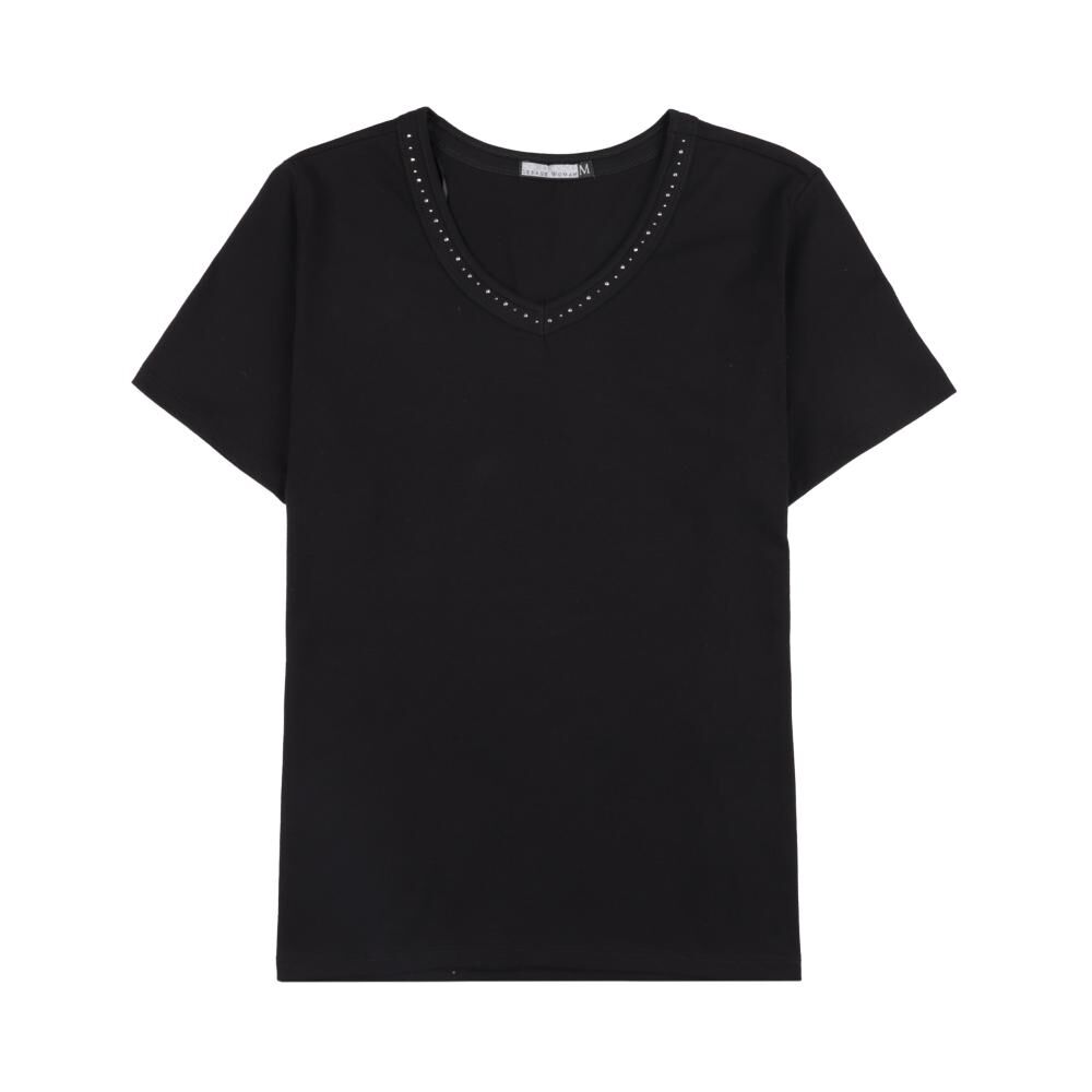 Polera Lisa Manga Corta Cuello V Con Aplicación Strass Mujer Lesage image number 0.0