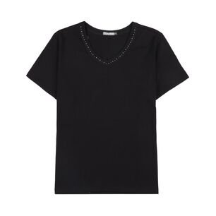 Polera Lisa Manga Corta Cuello V Con Aplicaci&oacute;n Strass Mujer Lesage