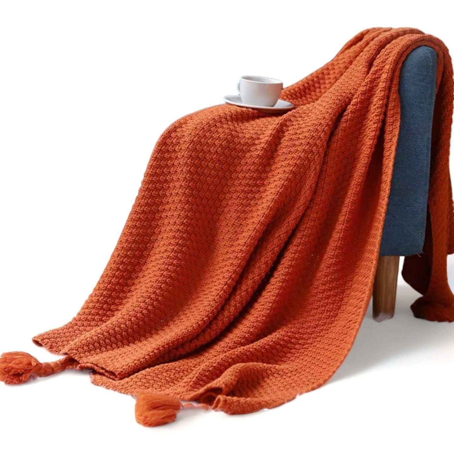 Manta Nordica Con Borlas Tejida Decorativa 130cm X 190cm Color Naranja image number 0.0