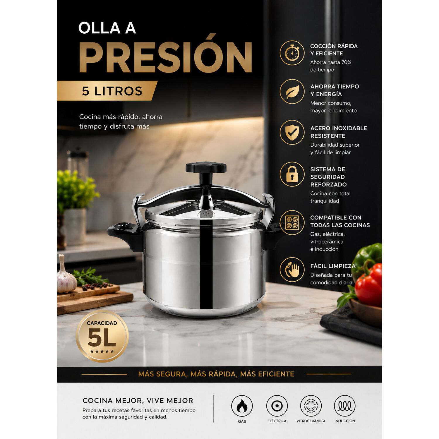 Olla A Presi&oacute;n Para Cocinar En Caliente De Aluminio 5 Litros image number 8.0