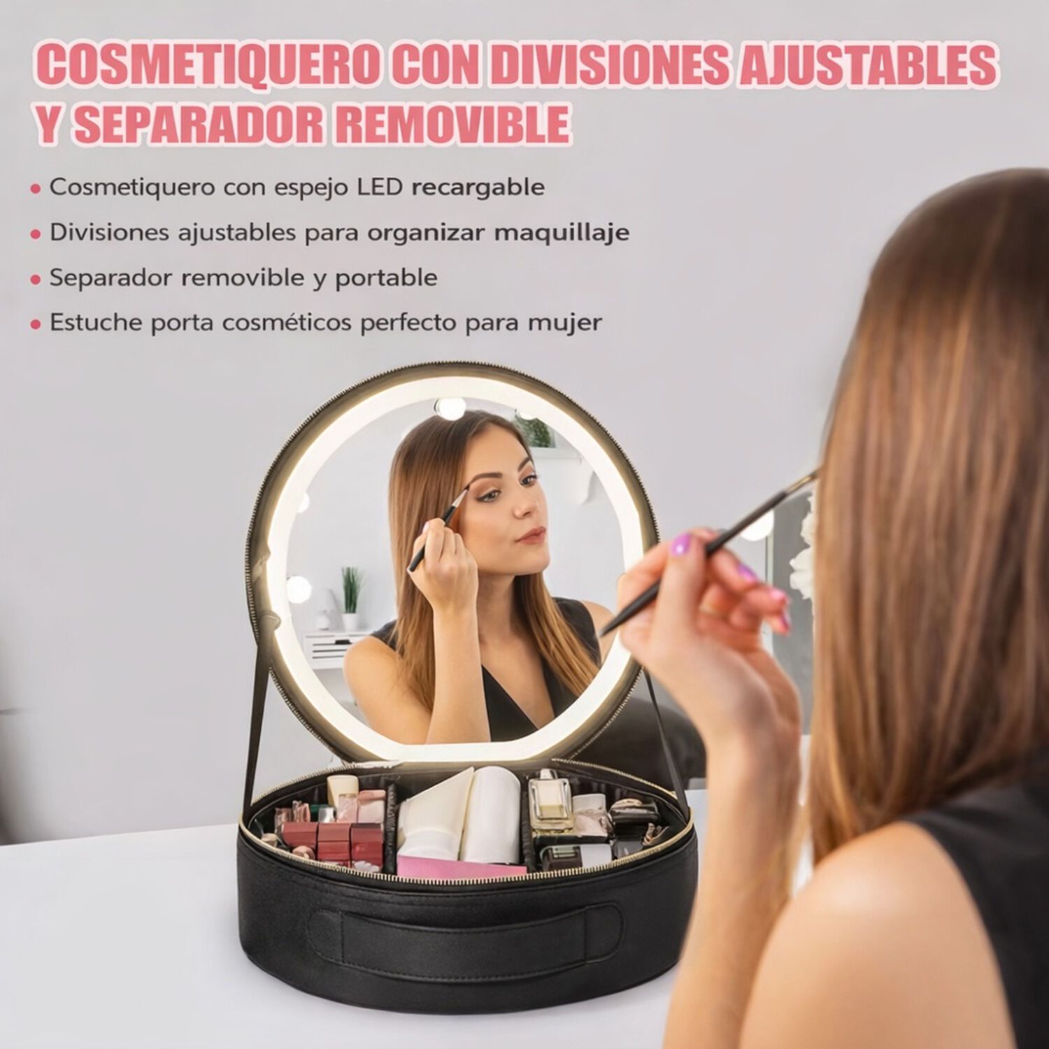 Estuche De Maquillaje Cosmetiquero Espejo Led Porta Brochas image number 4.0