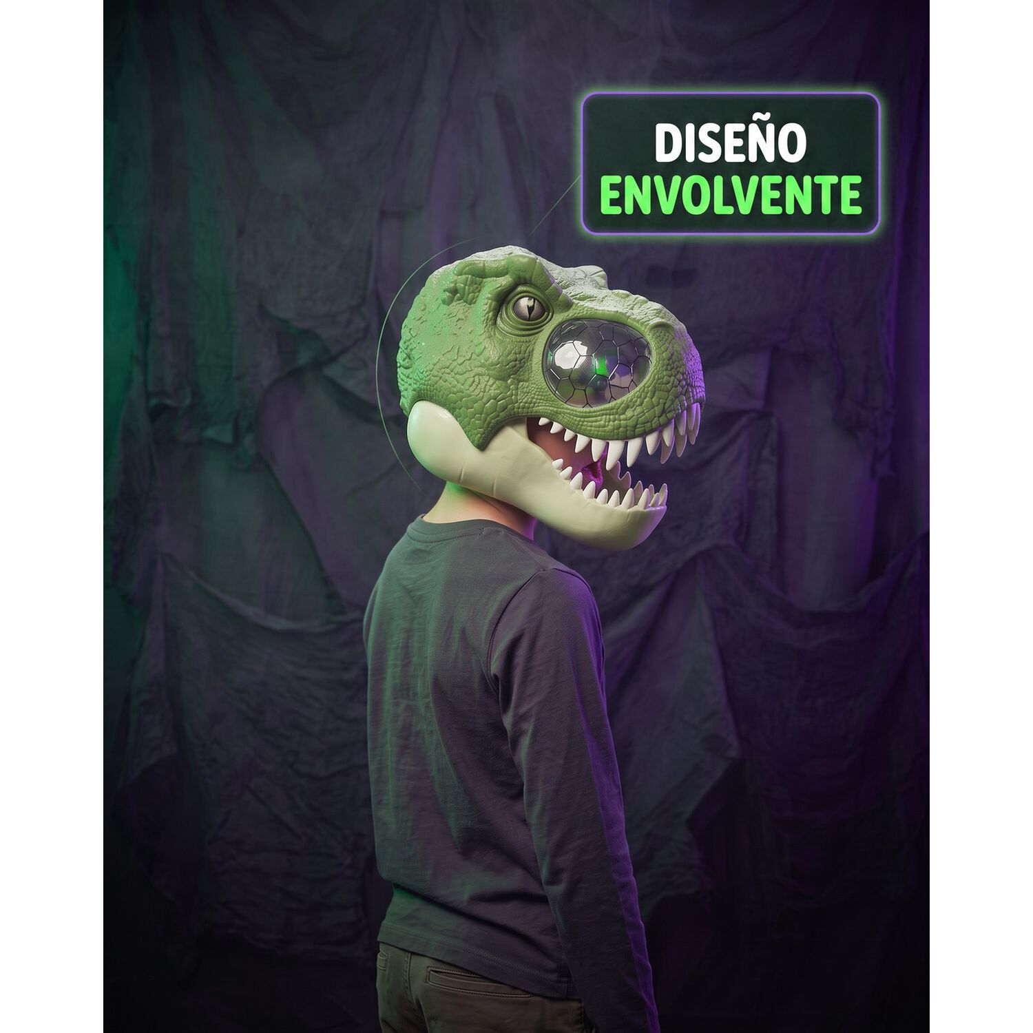 Mascara Infantil De Dinosaurio Rex Ne&oacute;n Luz Y Movimiento image number 2.0