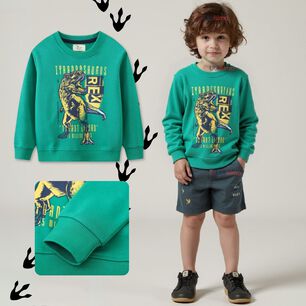Poler&oacute;n Ni&ntilde;o Manga Larga 100% Algod&oacute;n Verde Dinosaurio