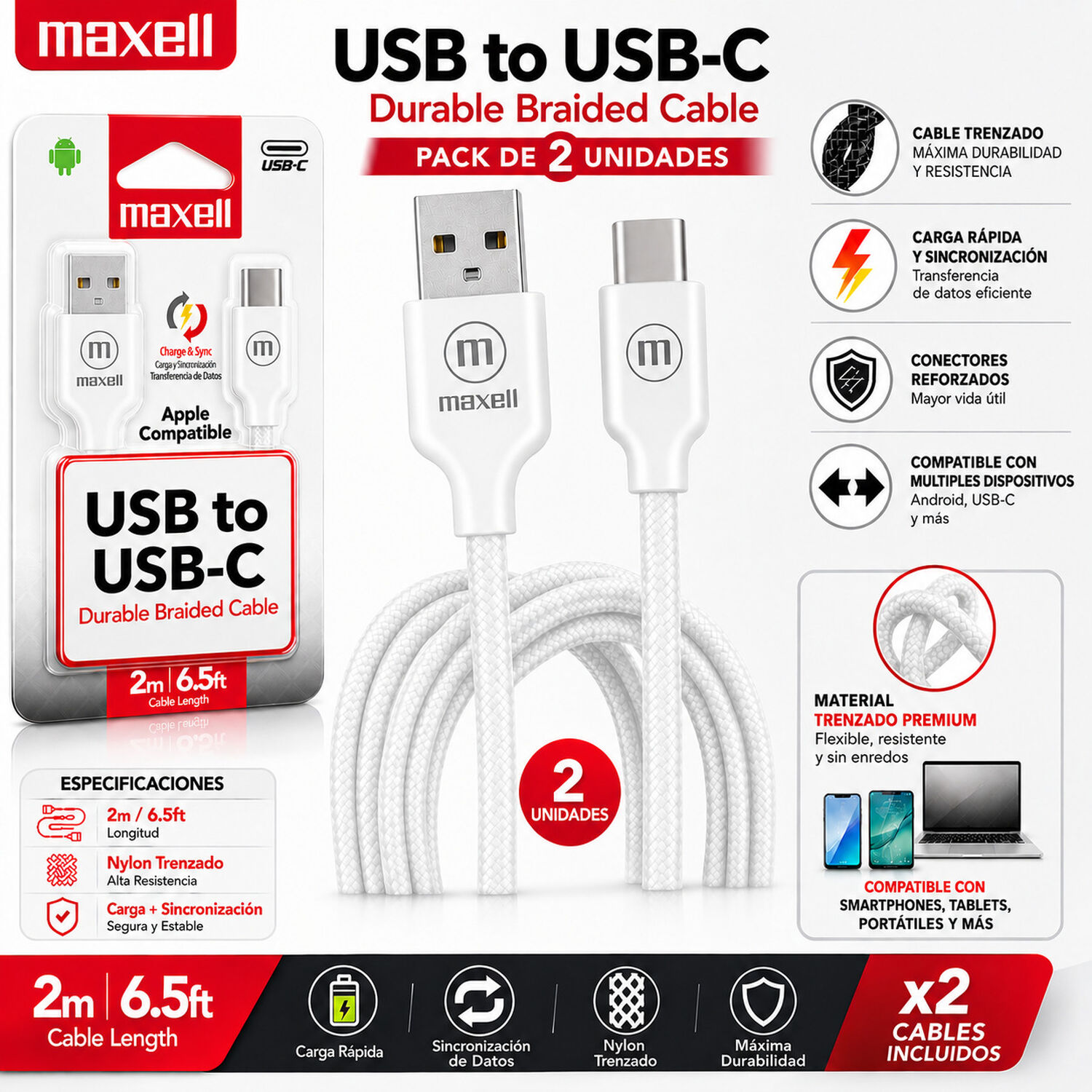 Pack 2 Cable Trenzado Usb A Usb C Maxell 2 Metros Carga R&aacute;pida Blanco image number 2.0