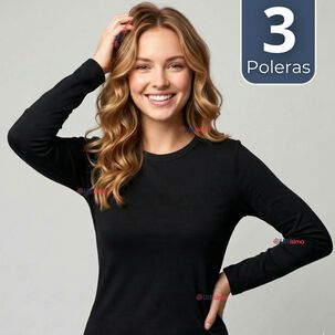 Pack 3 Camisetas Poleras Polar Primera Capa Negro Manga Larga Mujer