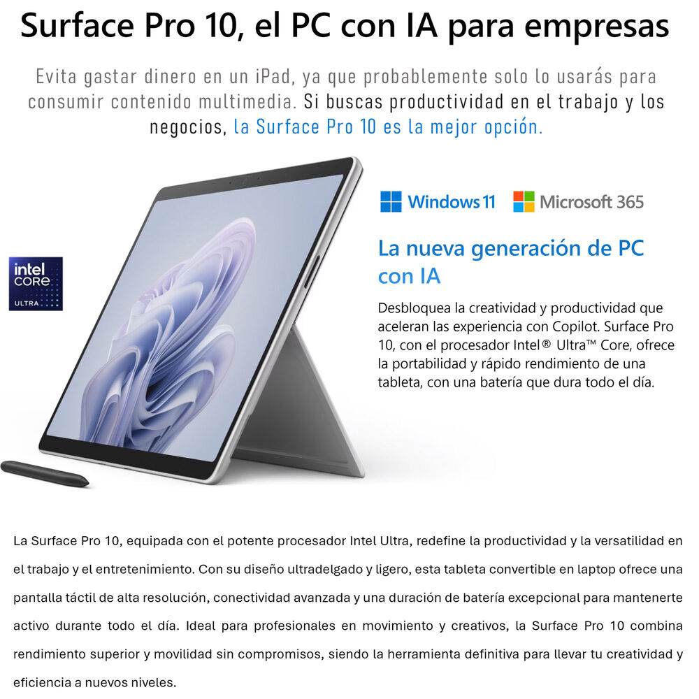 Surface Pro 10 - Tablet Windows 11, Core Ultra 5, 8gb Ram, 256gb Ssd image number 1.0
