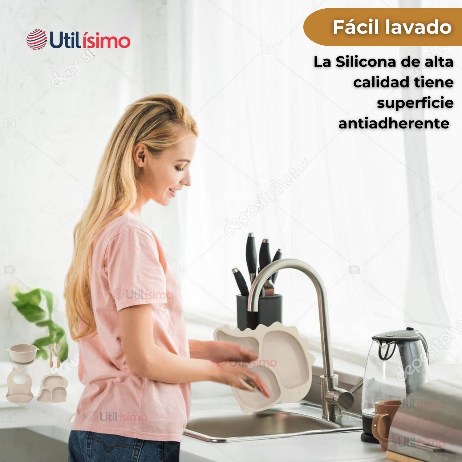 Set De Alimentaci&oacute;n Beb&eacute; Silicona 5 Piezas Dinosaurio Libre Bpa Color Beige image number 5.0