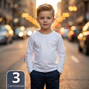 Pack 3 Camisetas Algod&oacute;n Manga Larga Polera Primera Capa Blanco Ni&ntilde;o