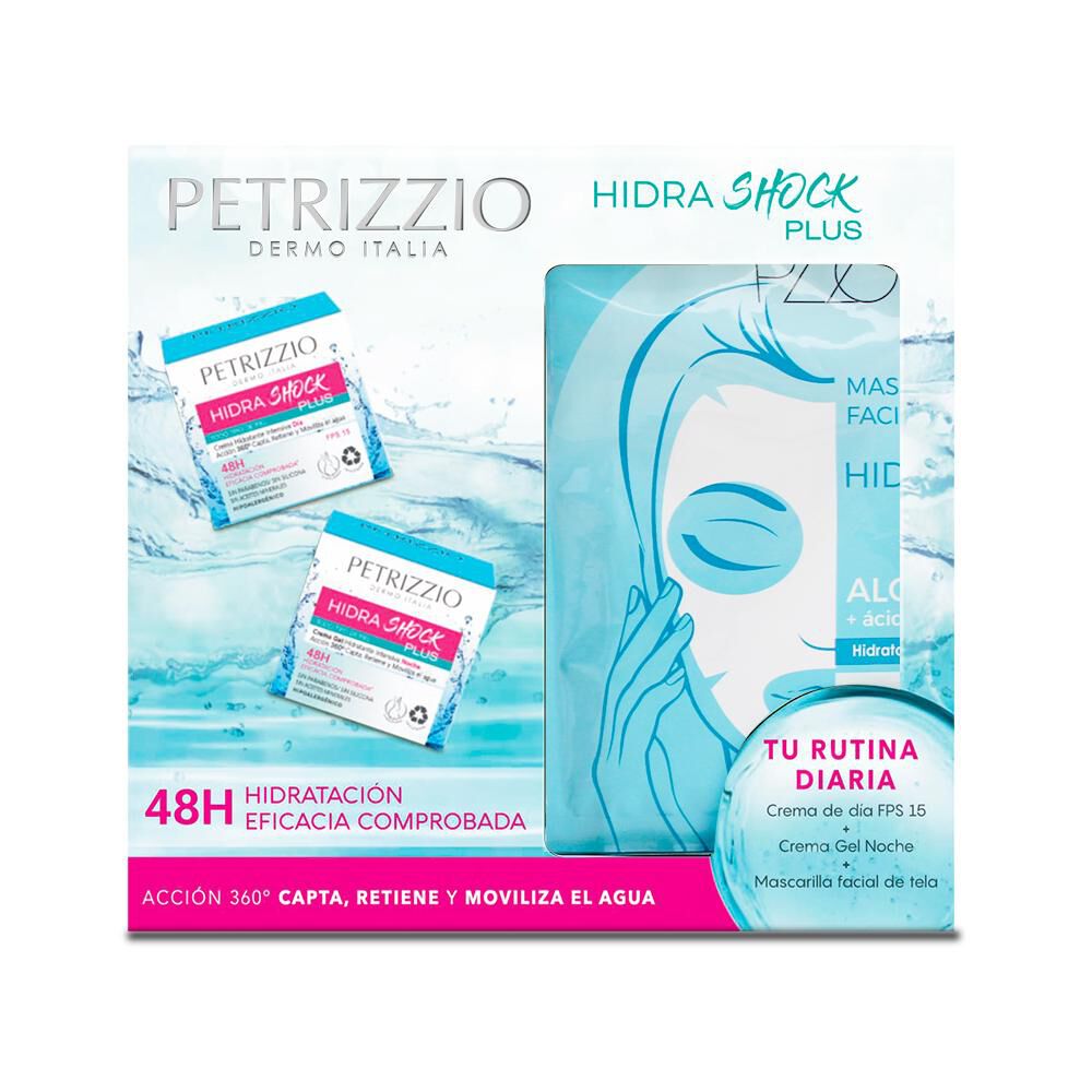 Set De Tratamiento Petrizzio Hidra Shock Plus Crema Día + Crema Gel Noche + Mascarilla Facial De Tela