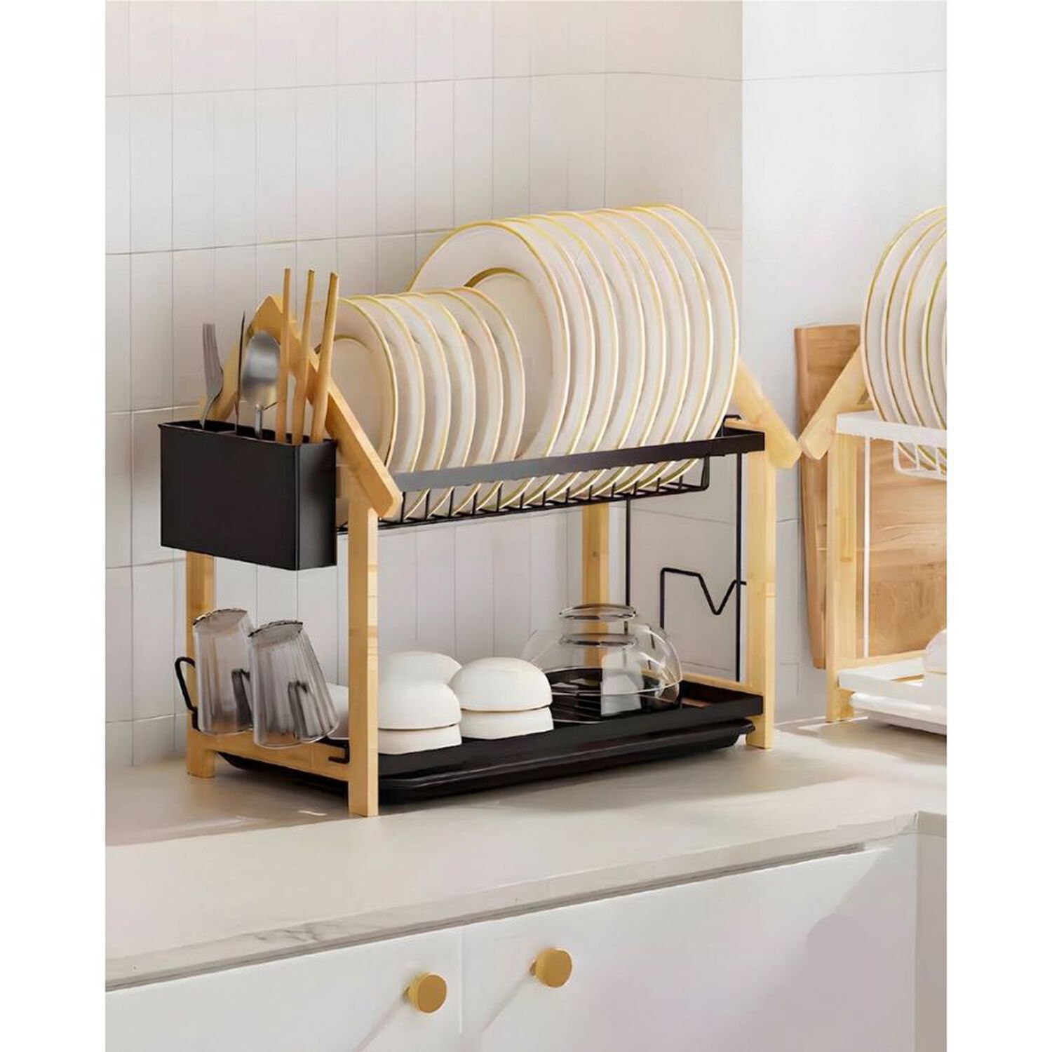 Escurridor Platos 2 Niveles Bamb&uacute; Y Metal Negro Organizador Cocina image number 1.0
