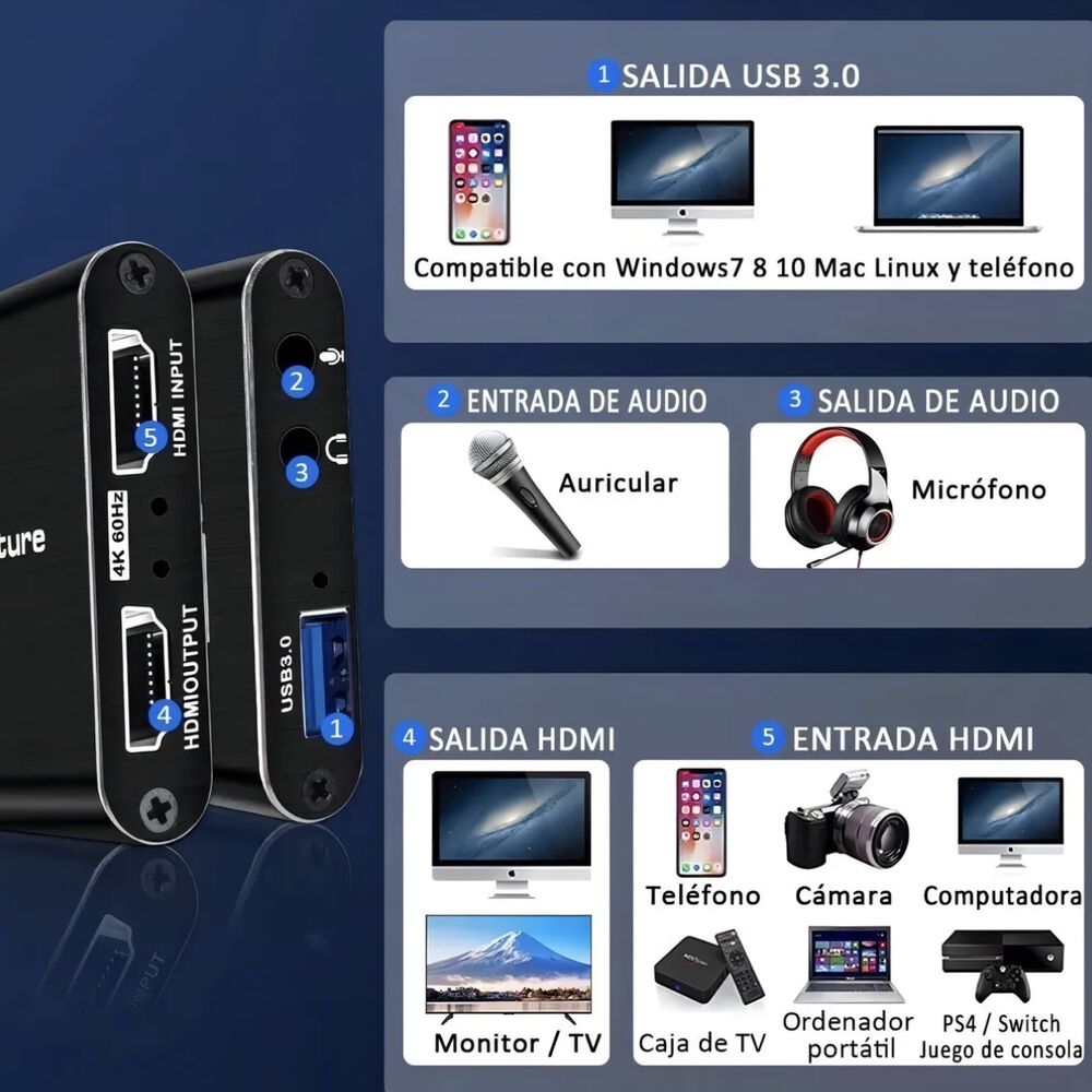 Capturadora Hdmi 4k Ultra Video Audio Mic In Streaming 3.0 image number 2.0
