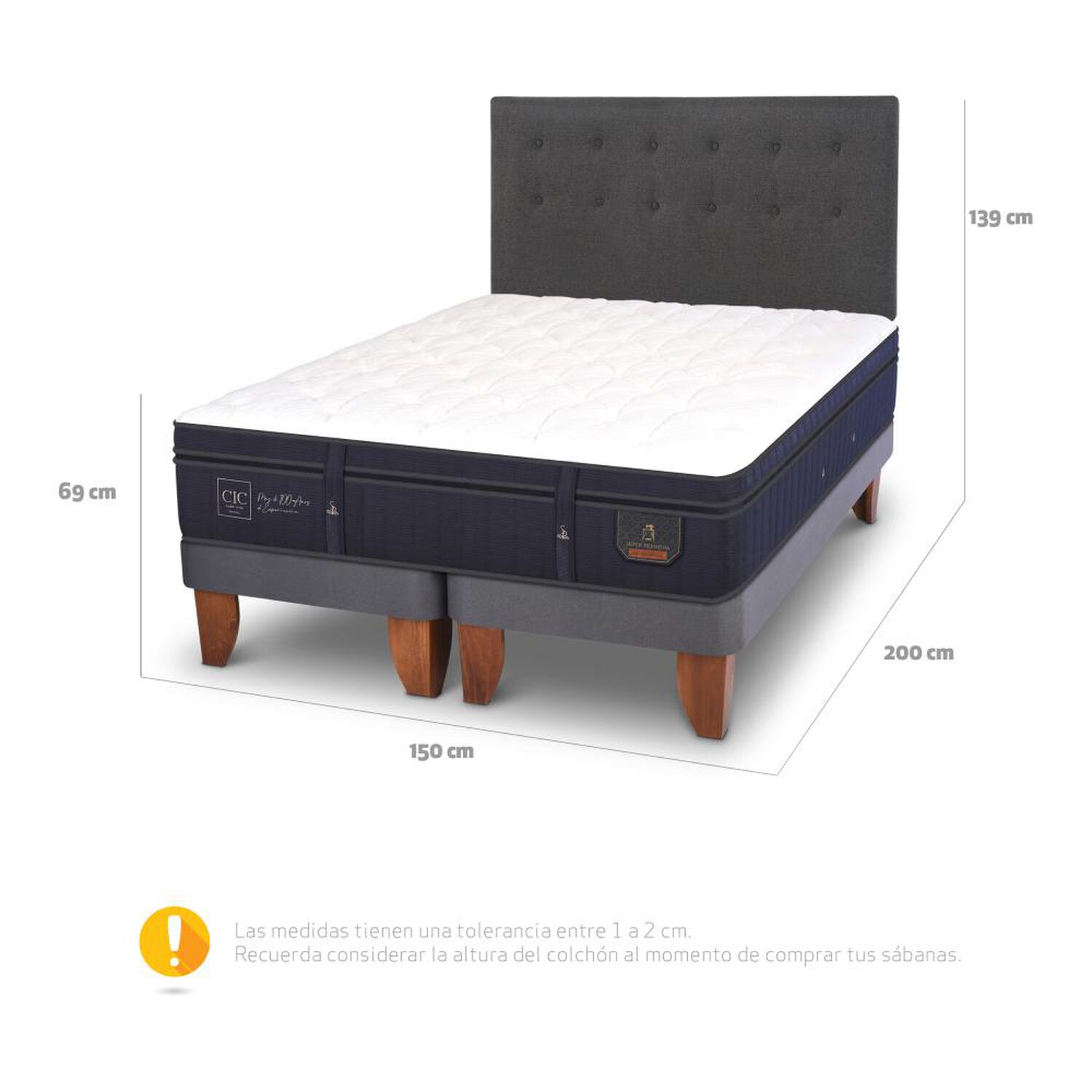 Cama Europea Cic Super Premium / 2 Plazas / Base Dividida + Respaldo image number 2.0