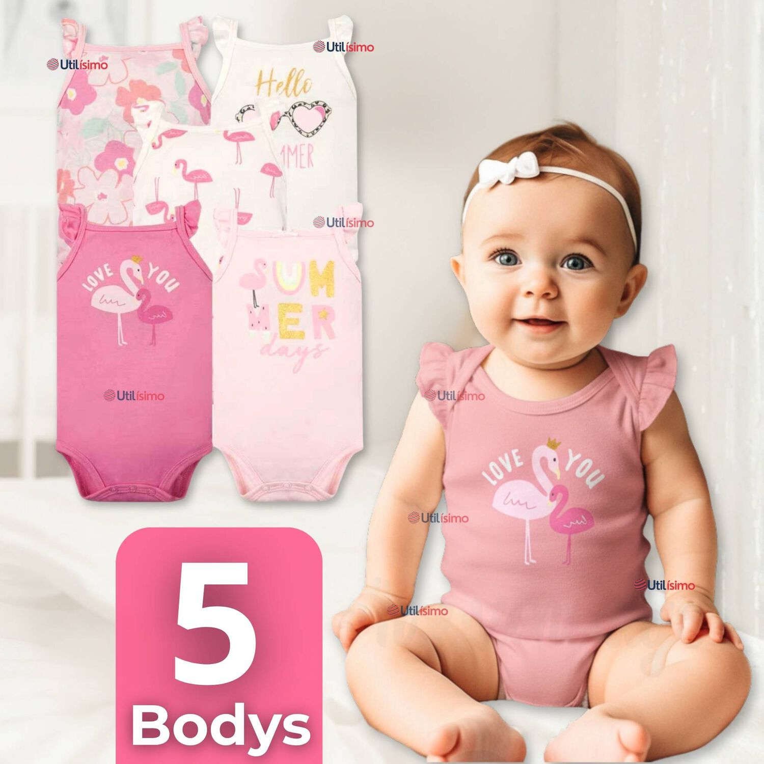 Pack 5 Bodys Ni&ntilde;a Sin Manga Tedmimak 100% Algod&oacute;n Hello Princess image number 0.0