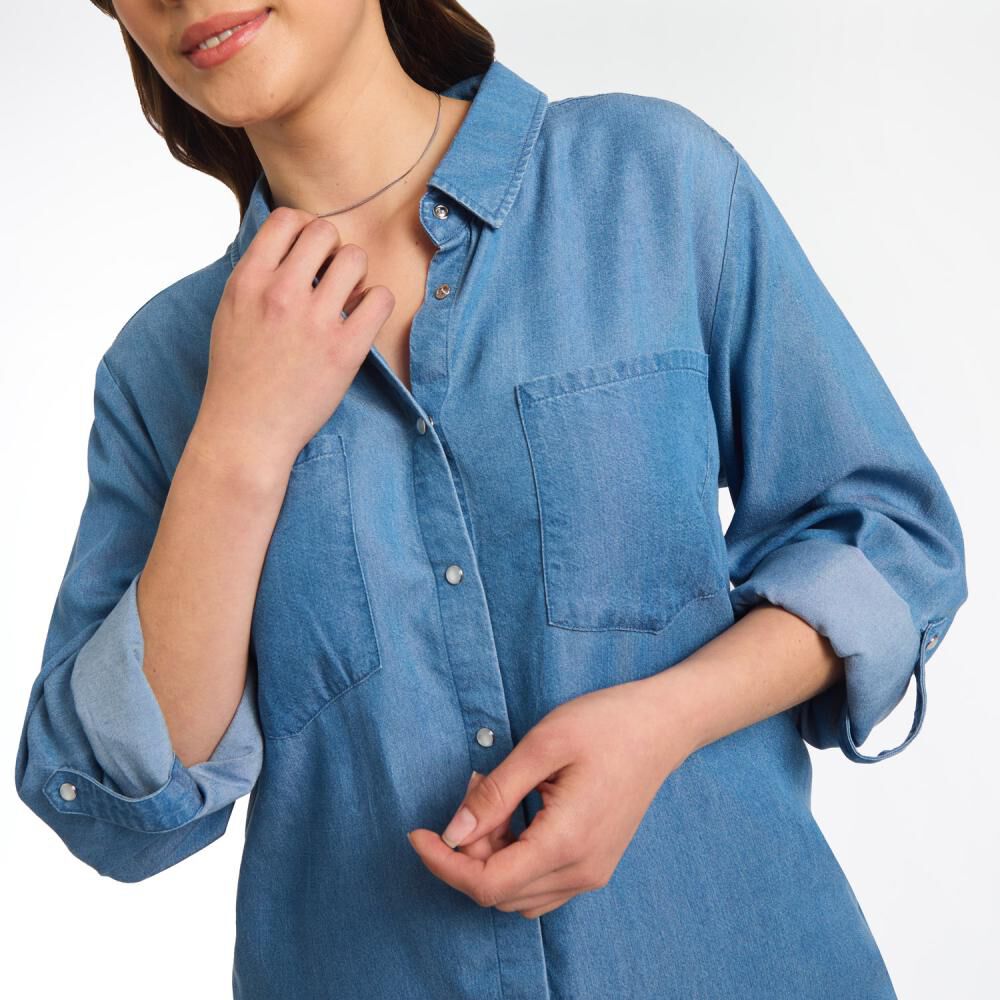 Blusa Denim Manga Larga Cuello Camisero Mujer Sexy Large image number 4.0