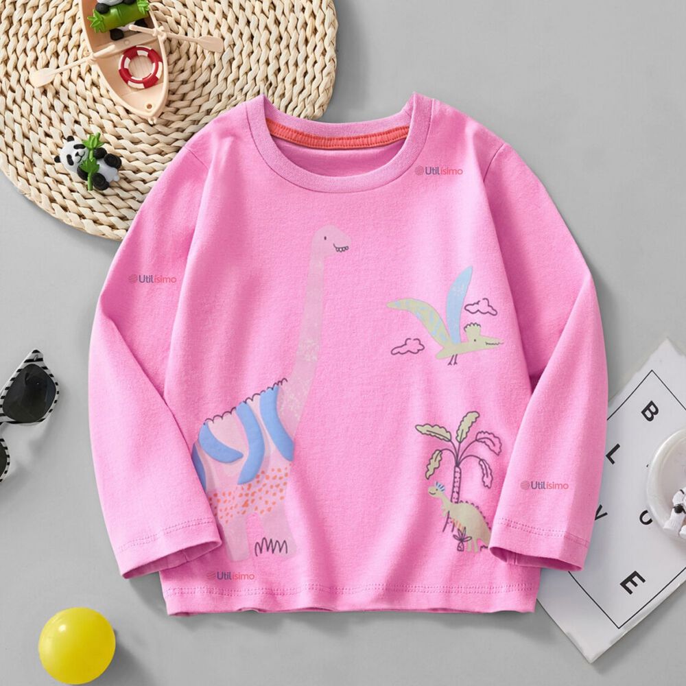 Polera Manga Larga Niña 100% Algodón Dinosauro Fucsia Camiseta image number 0.0