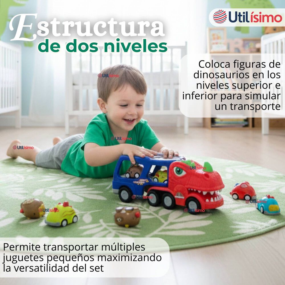 Cami&oacute;n Dinosaurio Con M&uacute;sica Luces Funci&oacute;n De Spray + 8 Mini Coches image number 9.0