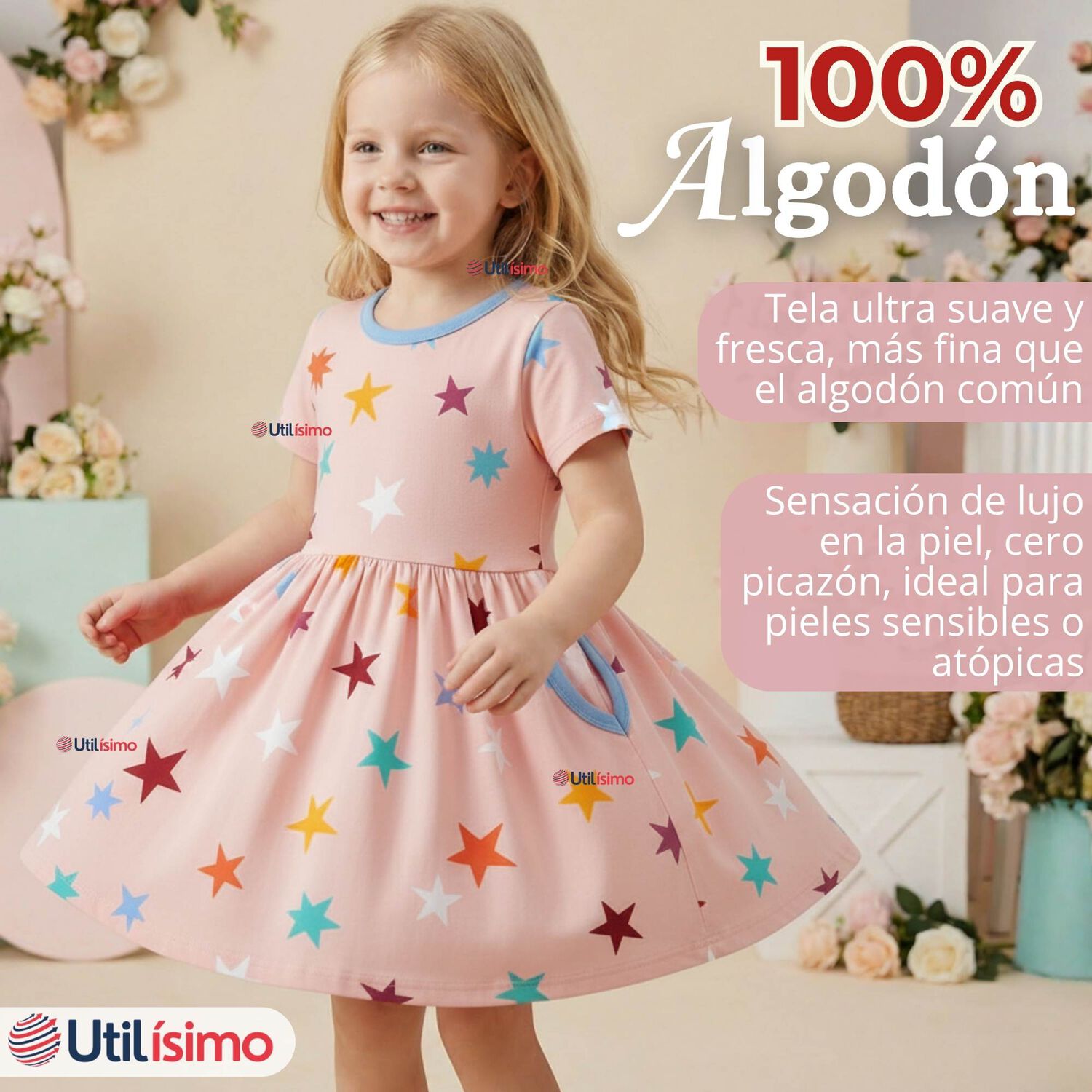 Vestido Manga Corta Estrellas Algod&oacute;n Ni&ntilde;a image number 1.0