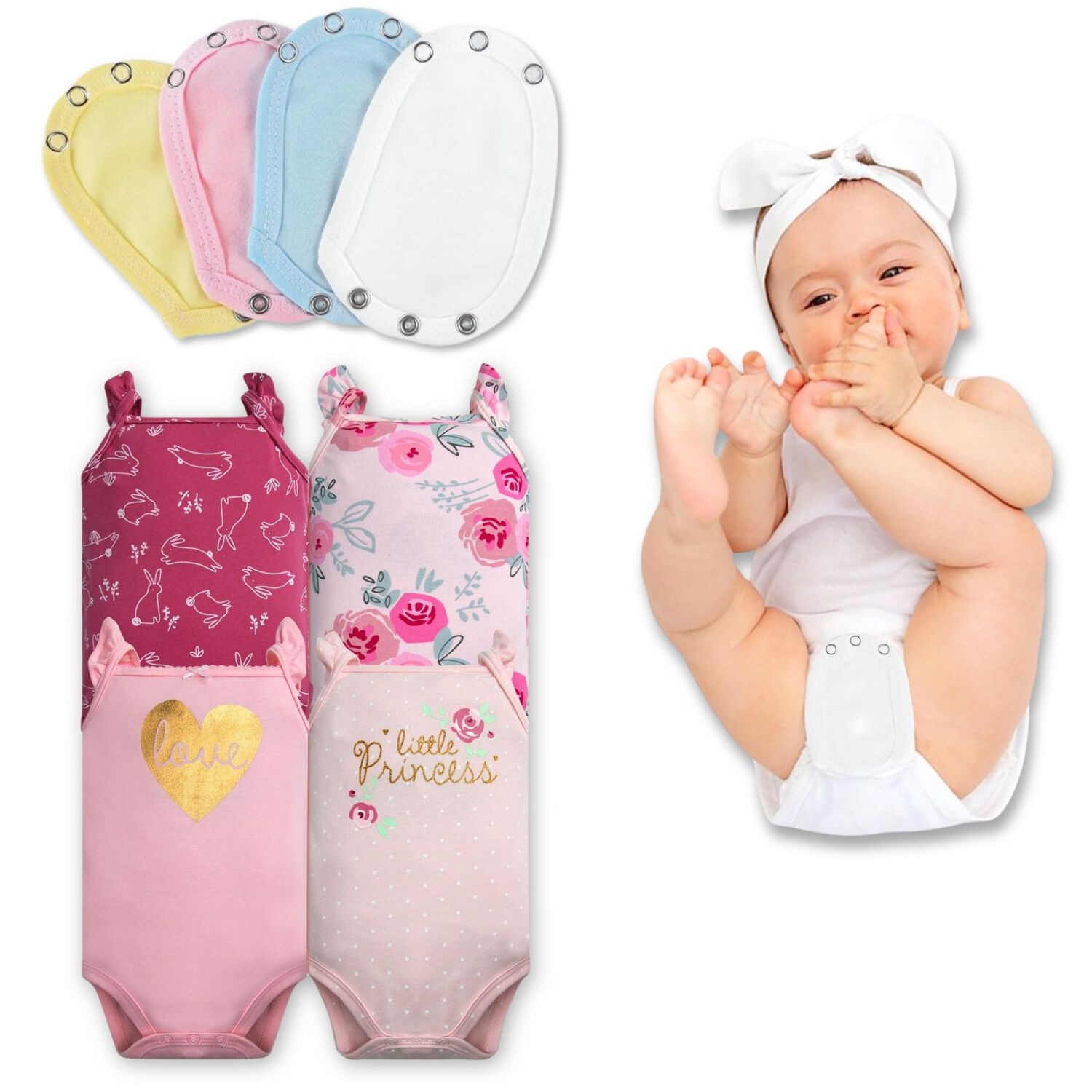 Pack 4 Unidades Extensor Body Beb&eacute; +pack 4 Bodys Algod&oacute;n Ni&ntilde;a Manga Corta Rosa Little Princess image number 0.0