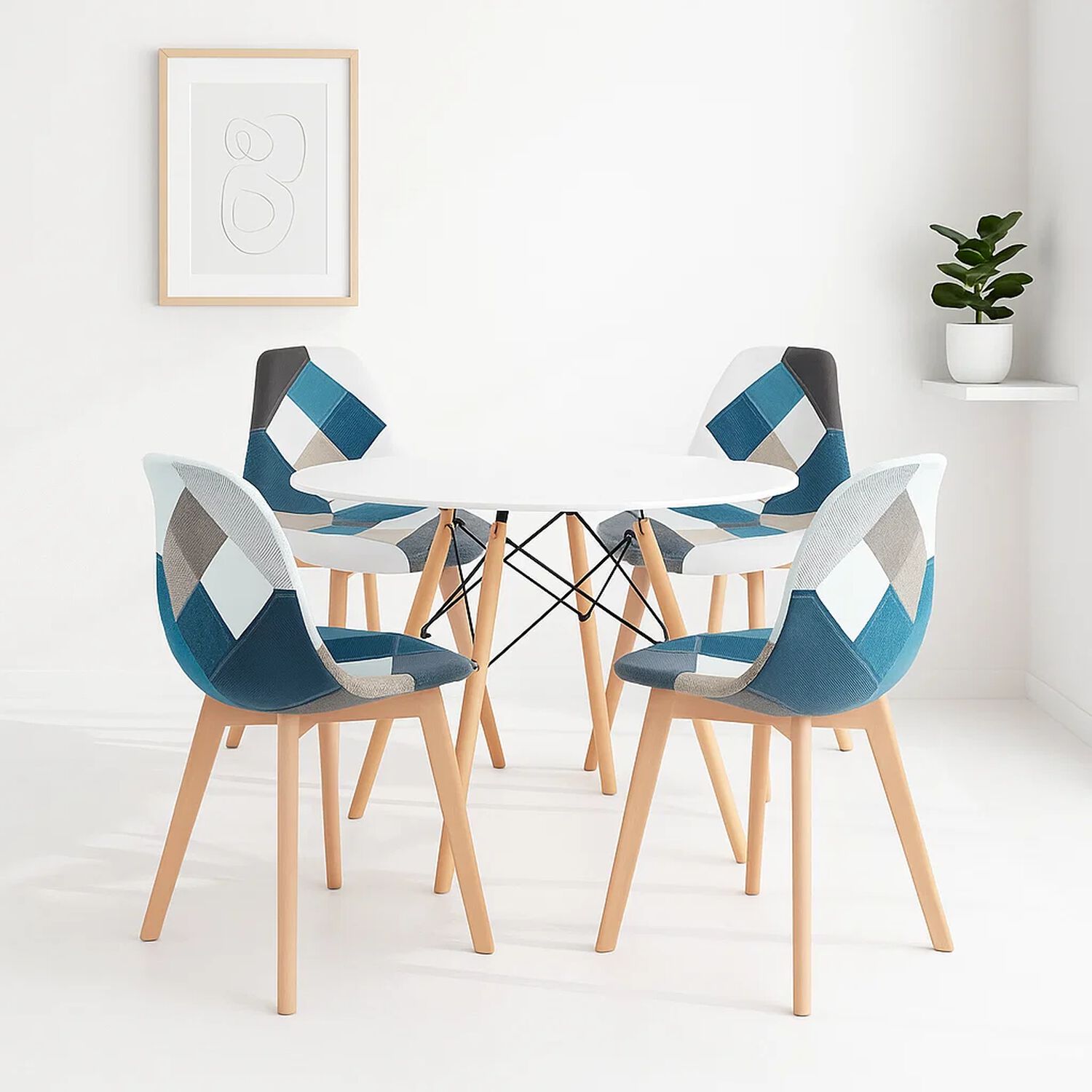 Comedor Mesa Redonda Blanca 100cm + 4 Sillas Eames Patchwork Tela Wood Celeste image number 1.0