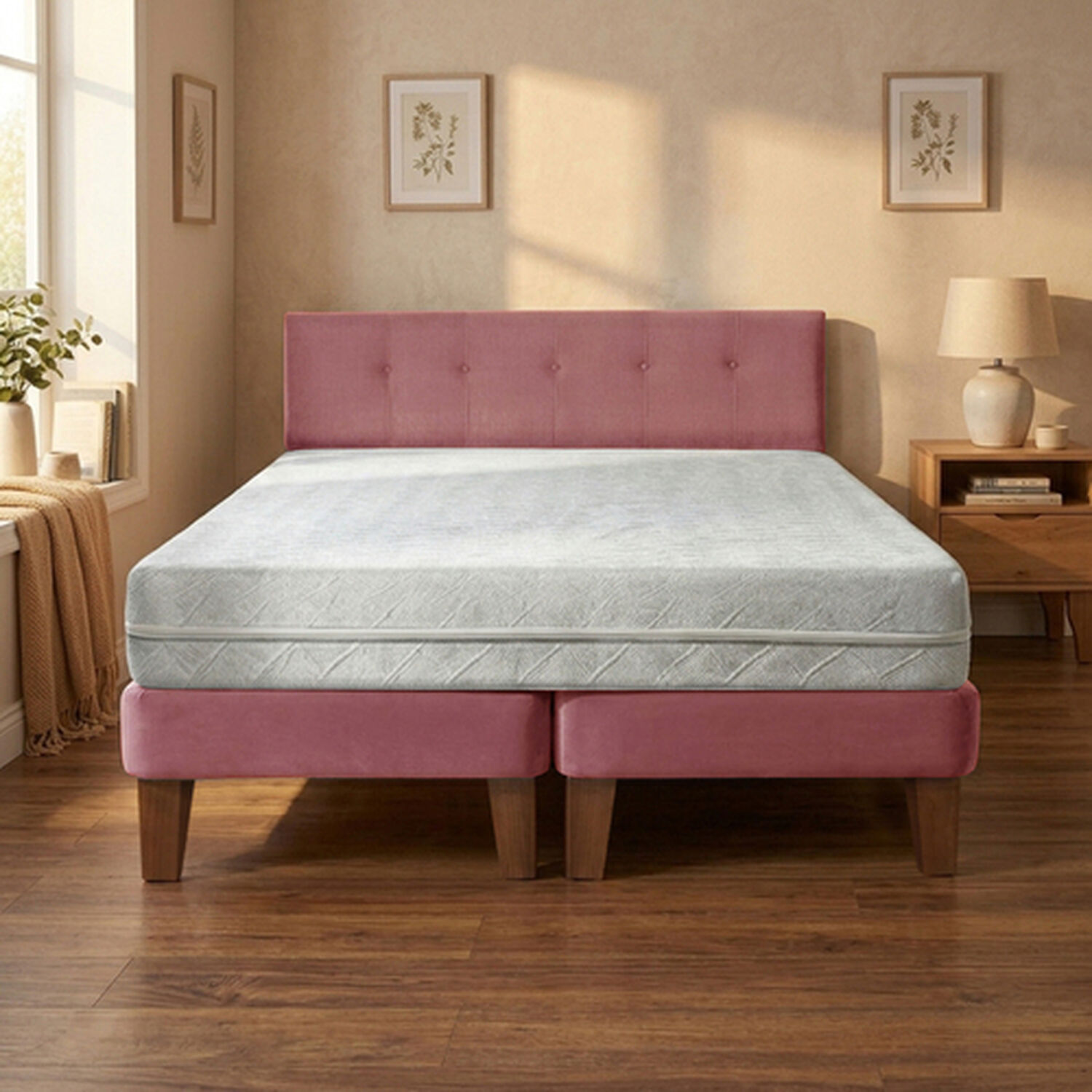 Cama Europea Zen Best 2 Plazas 190 Cm Colchon Espuma Con Funda Velvet Palo Rosa + Respaldo image number 0.0