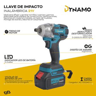 Llave De Impacto Inal&aacute;mbrica Dynamo 21v + 2 Baterias Y Acss
