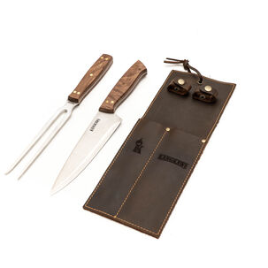 Set Parrillero: Tenedor + Cuchillo Con Funda De Cuero Café
