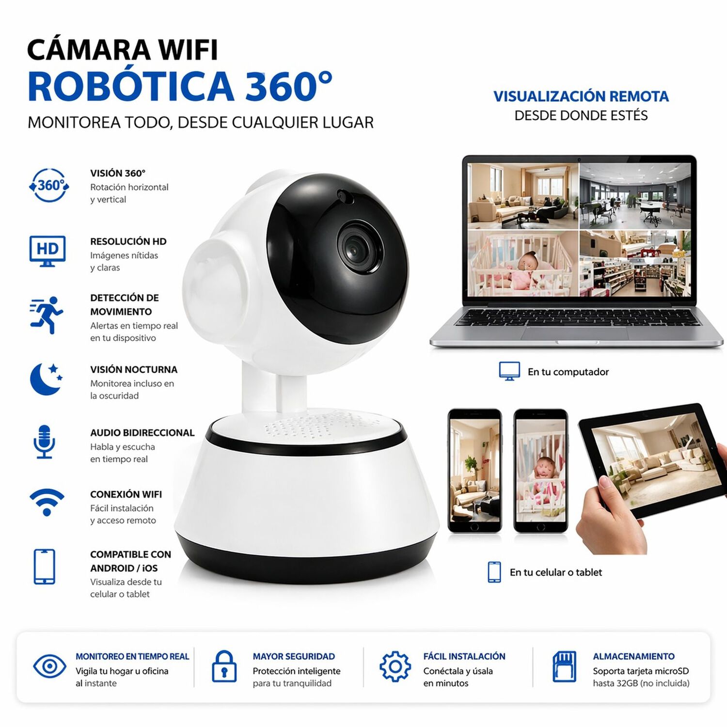 Camara Wifi Rotatoria 360&deg; Hd Robotica Ptz Interior W3860 image number 8.0