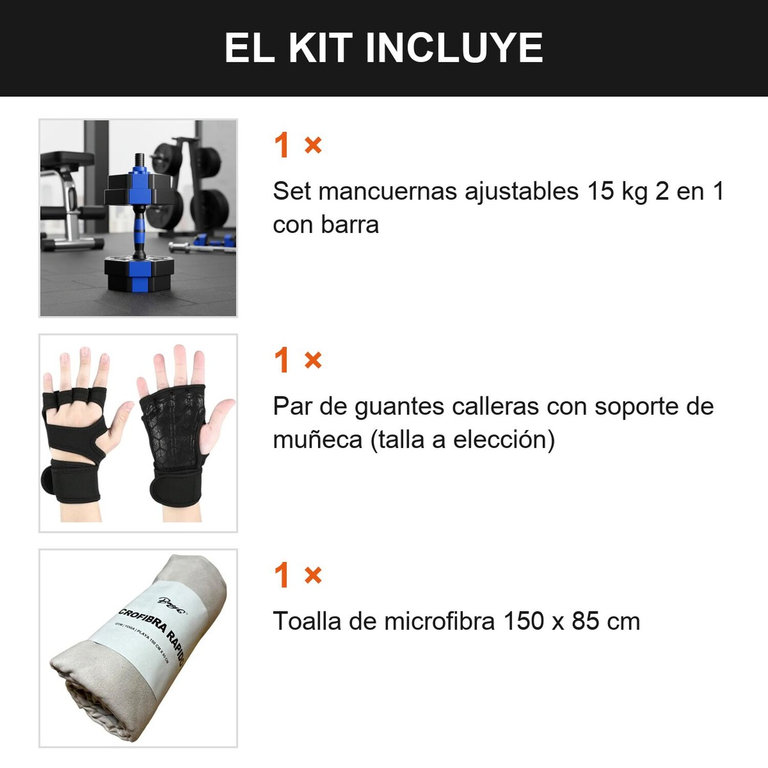 Kit Gym En Casa Mancuernas 15kg + Calleras Talla M + Toalla Azul image number 7.0