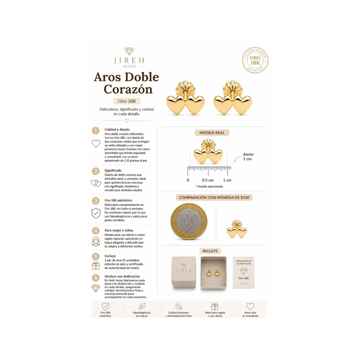 Aros Doble Coraz&oacute;n Oro 18k Atornillados 1.10gr Mujer Ni&ntilde;a Dorado image number 4.0