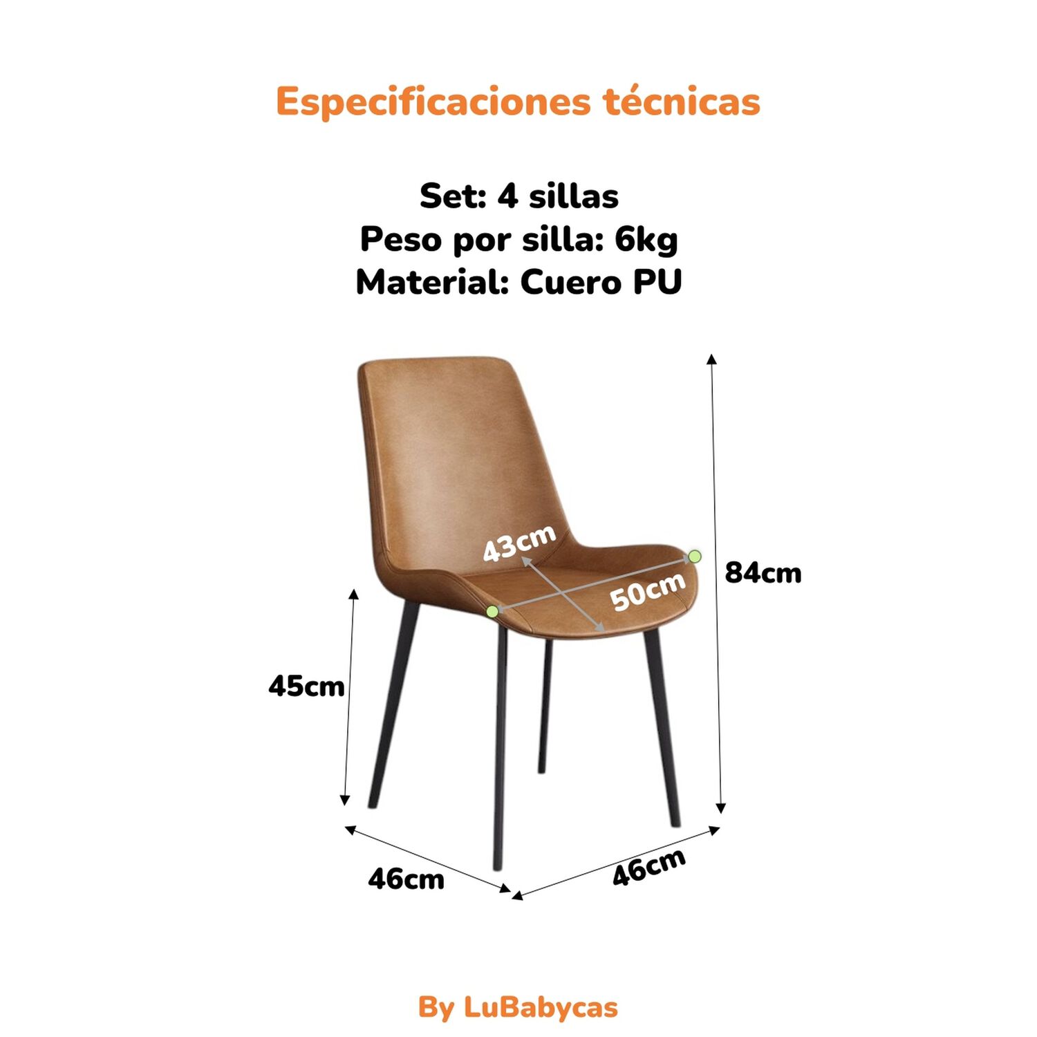 Set 4 Sillas De Comedor Cuero Pu Estilo Italiano Lubabycas image number 6.0