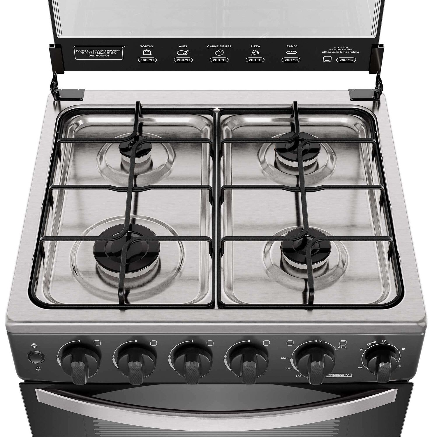 Cocina A Gas 4 Platos Horno Vapor Y Temporizador Fm4tpc Negra image number 7.0