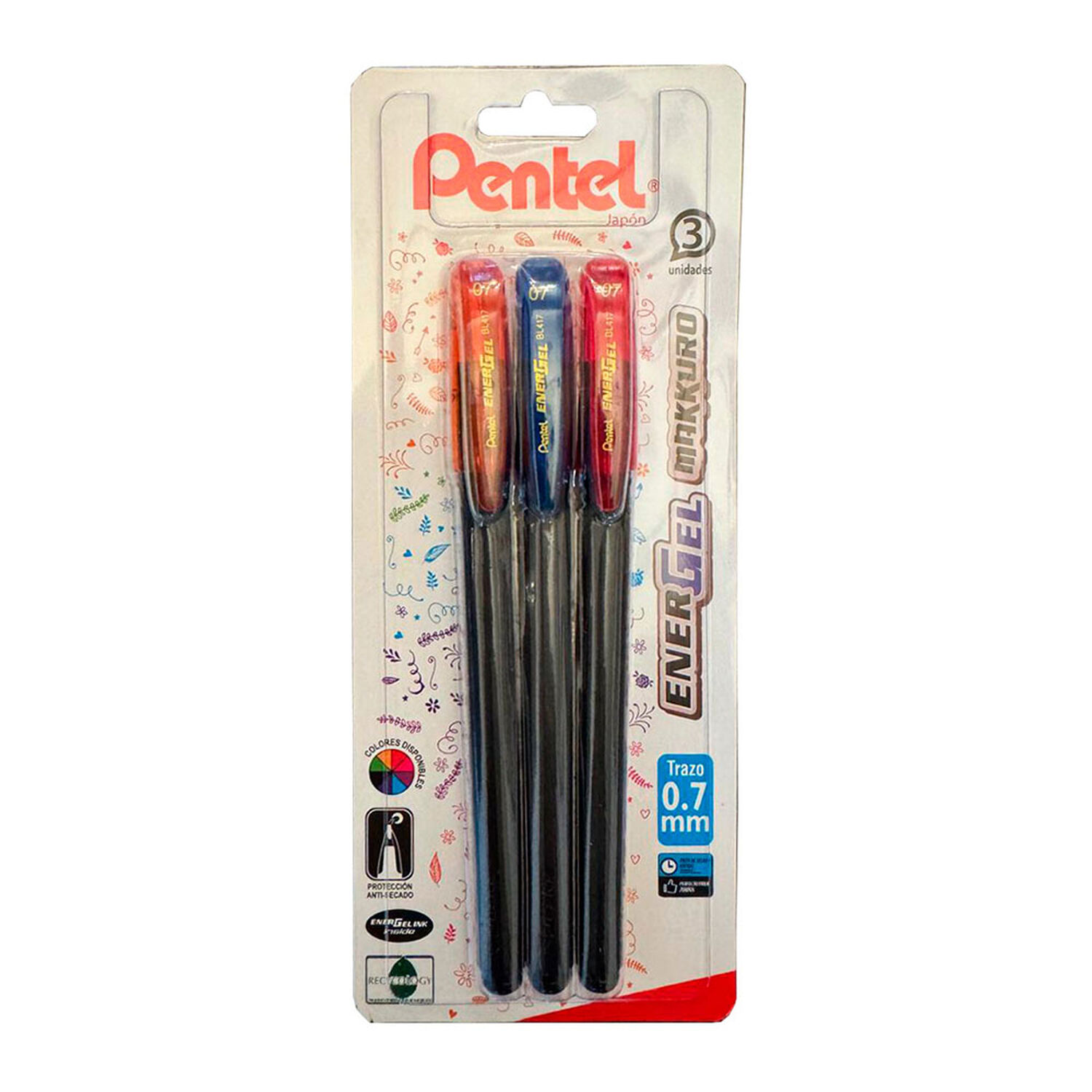 Set 3 L&aacute;pices Gel Makkuro 0.7mm (naranjo, Azul, Rojo) Pentel image number 0.0