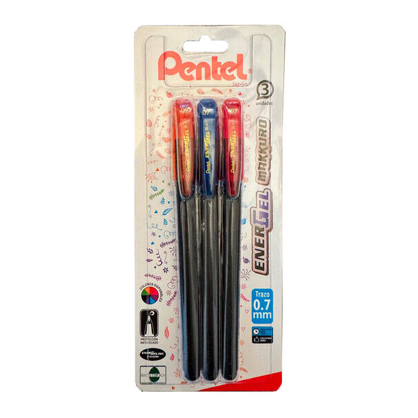 Set 3 L&aacute;pices Gel Makkuro 0.7mm (naranjo, Azul, Rojo) Pentel