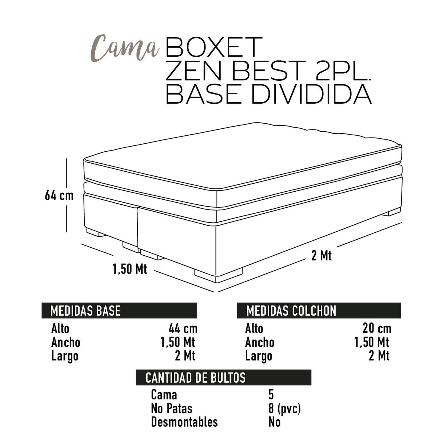 Cama Funcional Boxet 2 Plazas Base Dividida Colchon Resortes New Top Funda Lavable Gris image number 5.0