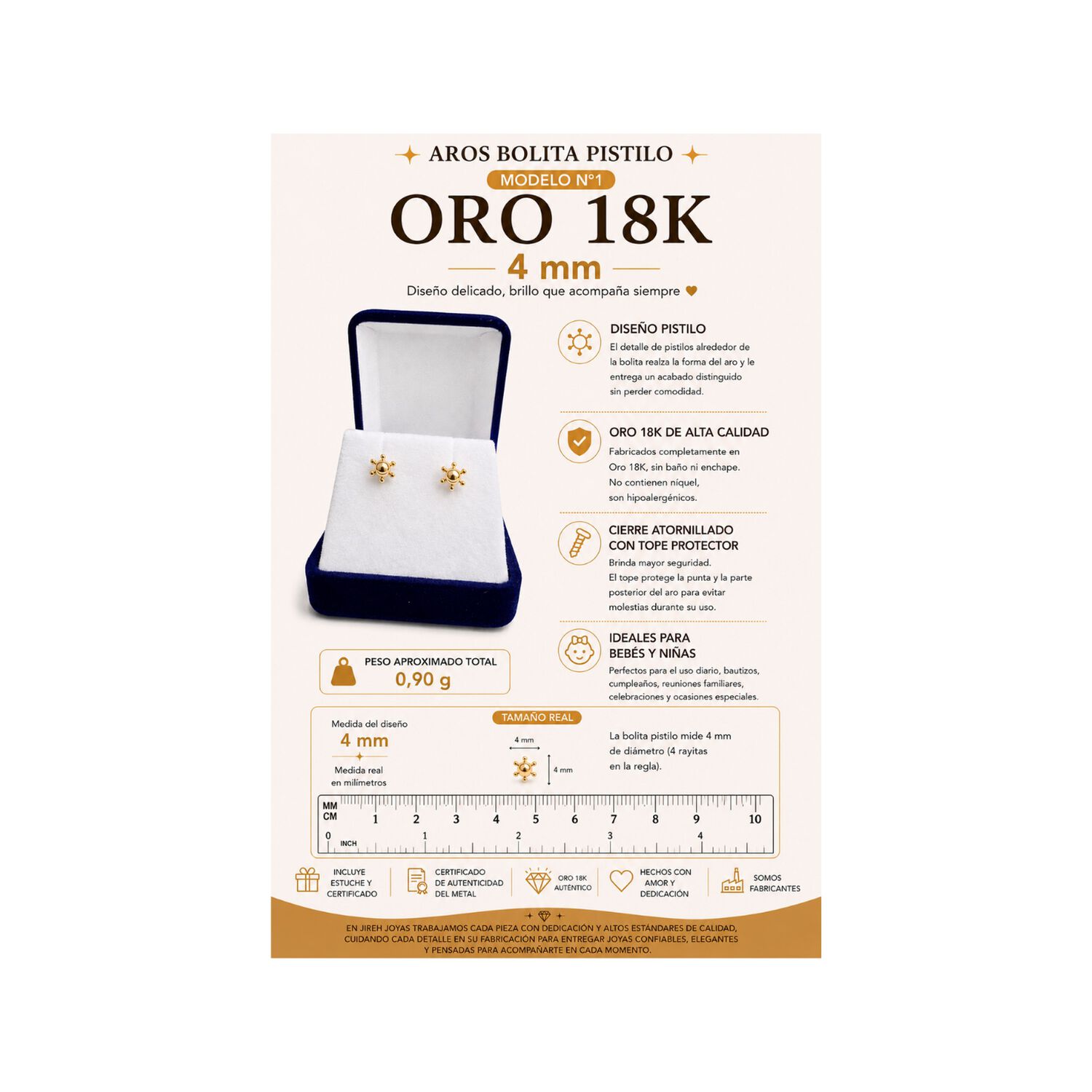 Aros Bolita Pistilo 4mm Oro 18k Nacional N1 0.90gr Dorado image number 3.0