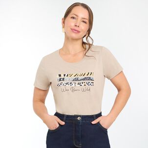 Polera Básica Lisa Estampado Delantero Manga Corta Cuello Redondo Mujer Geeps