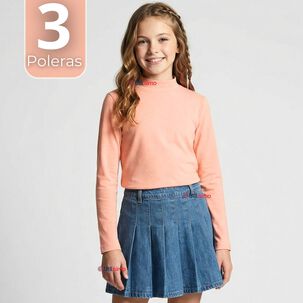 Pack 3 Poleras Camisetas Bamb&uacute; Salm&oacute;n Cuello Beatle Primera Capa Manga Larga Ni&ntilde;a