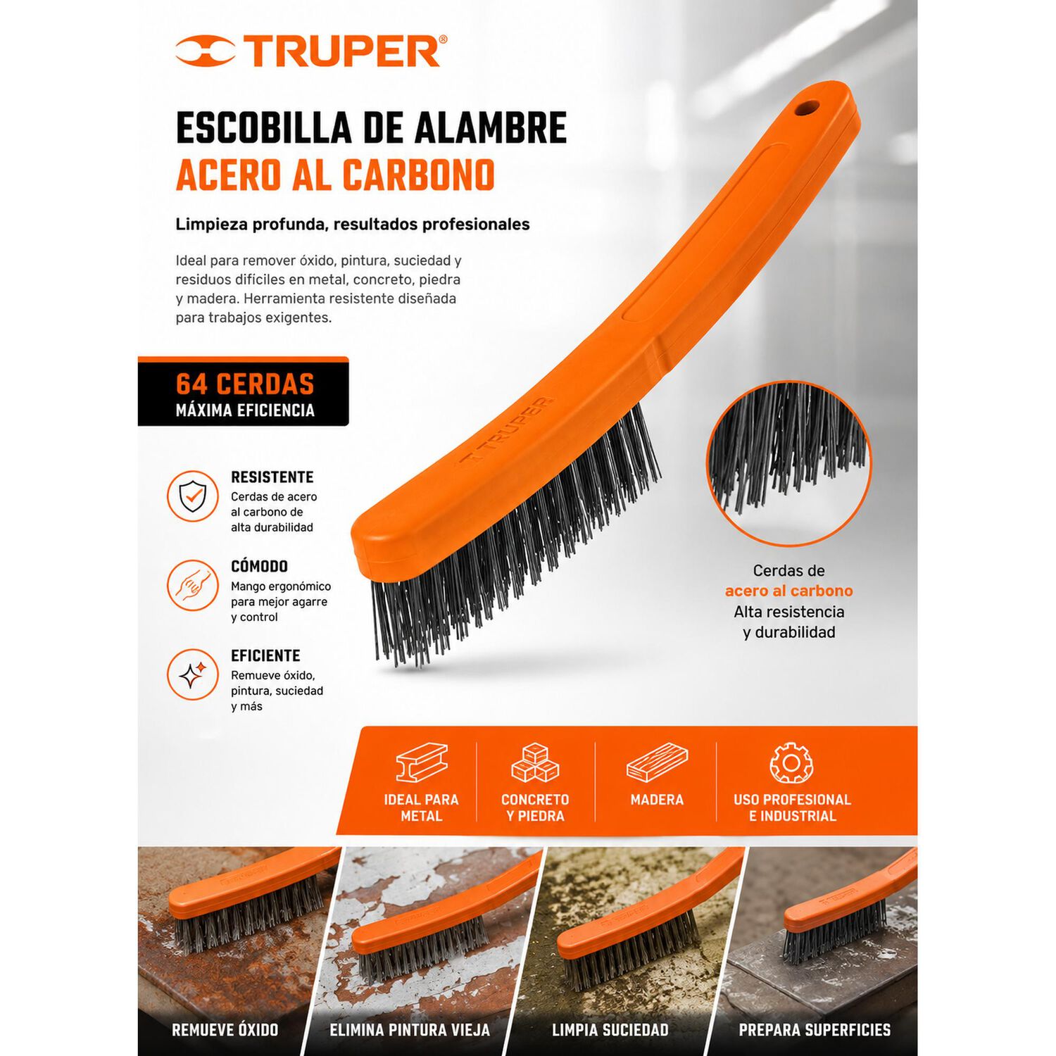 Escobilla Alambre De Acero Al Carbono 64 Cerdas Truper image number 5.0