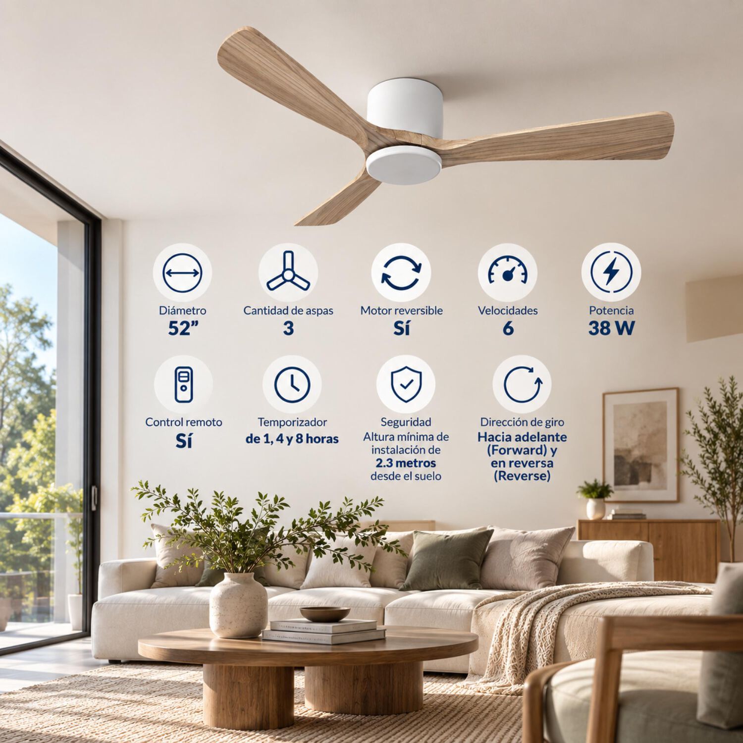 Ventilador De Techo Sumo Vt50 Blanco 52" 3 Aspas De Madera Natural image number 1.0