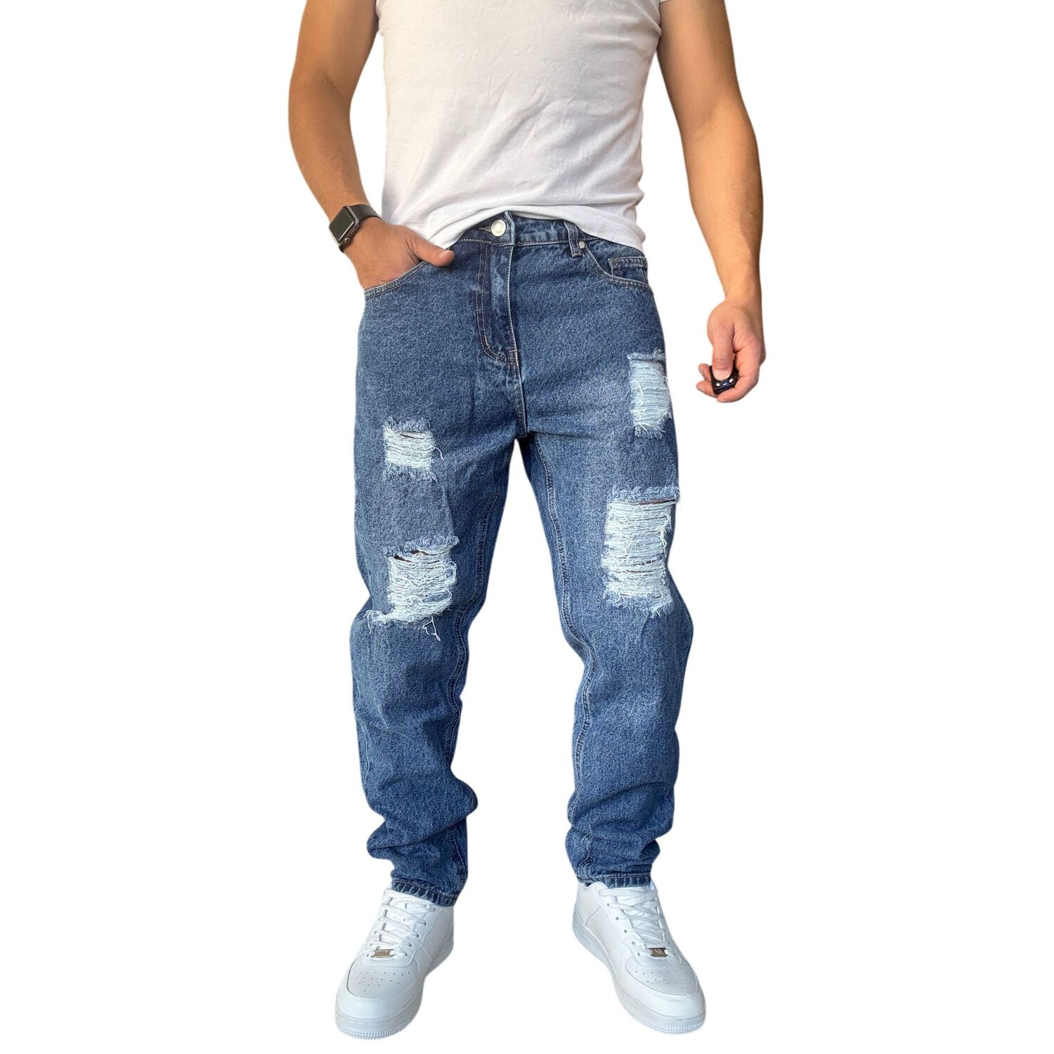 Jeans Tela R&iacute;gida Corte Mom Rasgado image number 1.0