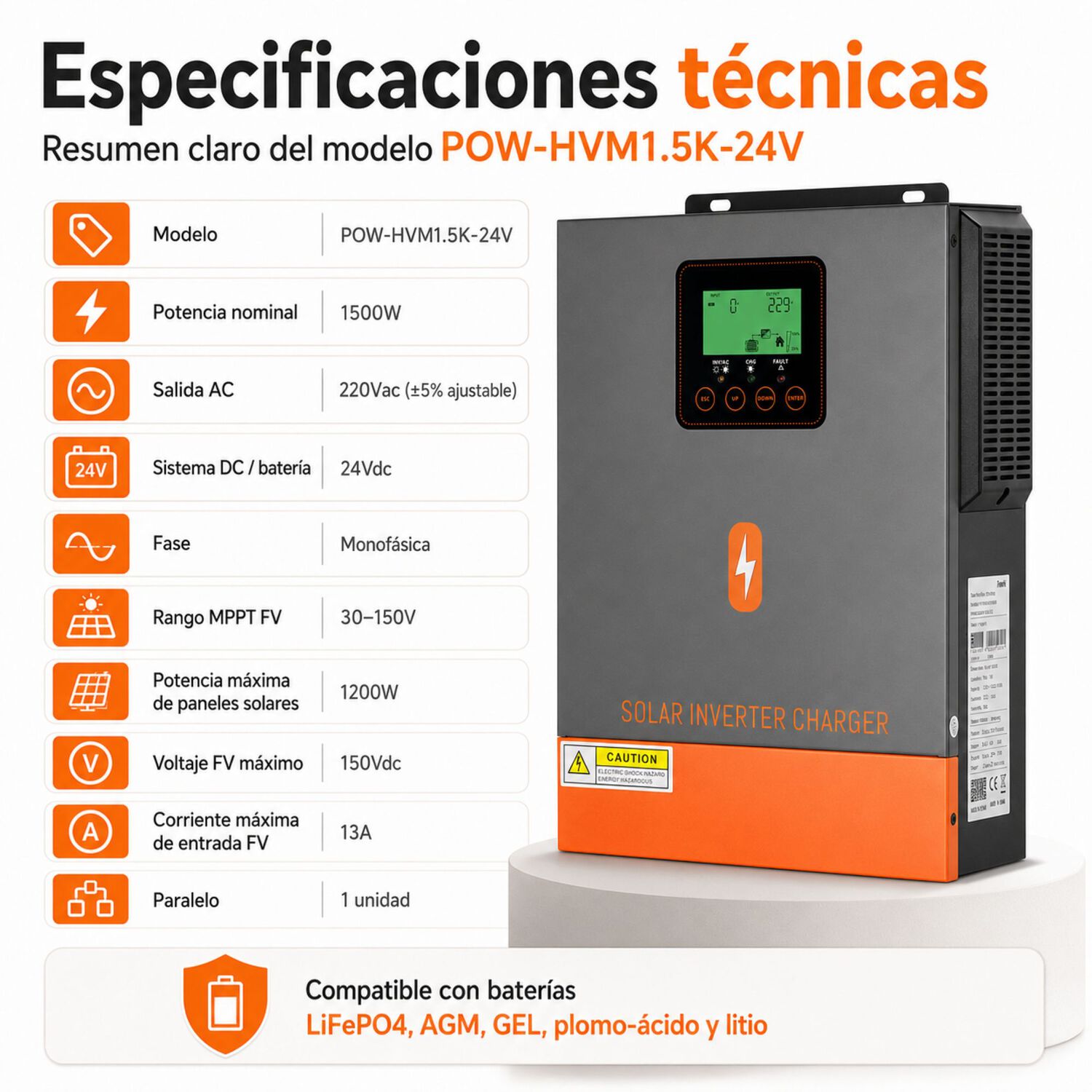 Inversor Solar H&iacute;brido Powmr 1500w 24v | Onda Senoidal Pura image number 8.0
