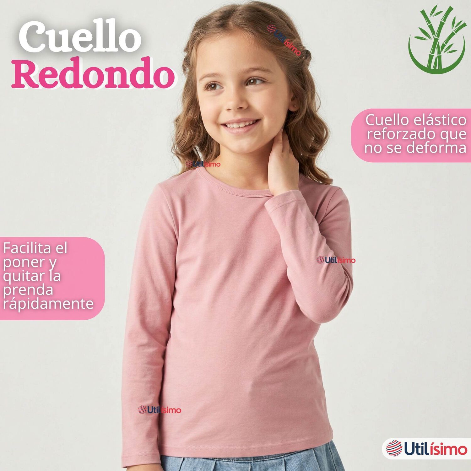 Camiseta Polera Bamb&uacute; Cuello Redondo Rosado Claro Primera Capa Manga Larga Ni&ntilde;a image number 7.0