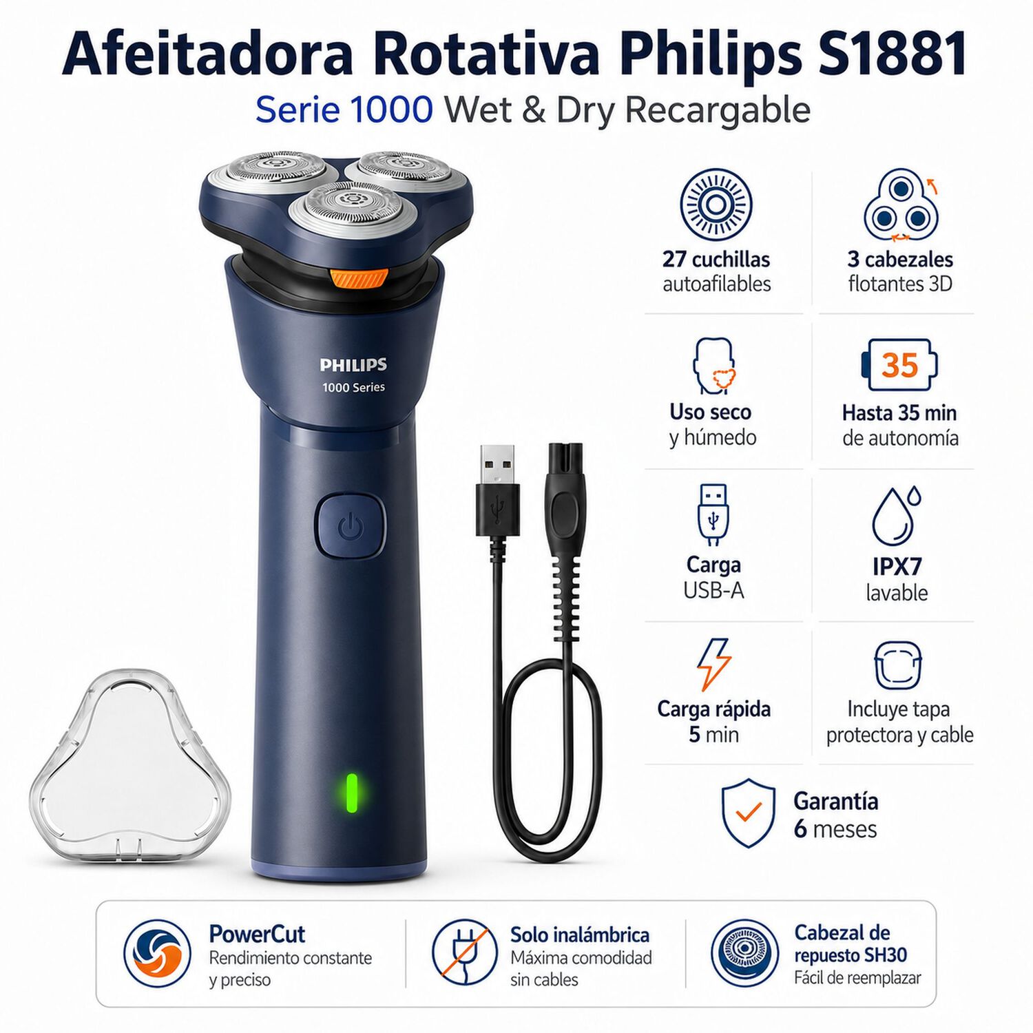 Afeitadora Autoafilable Philips Wet&dry Recargable Usb S1881 image number 5.0
