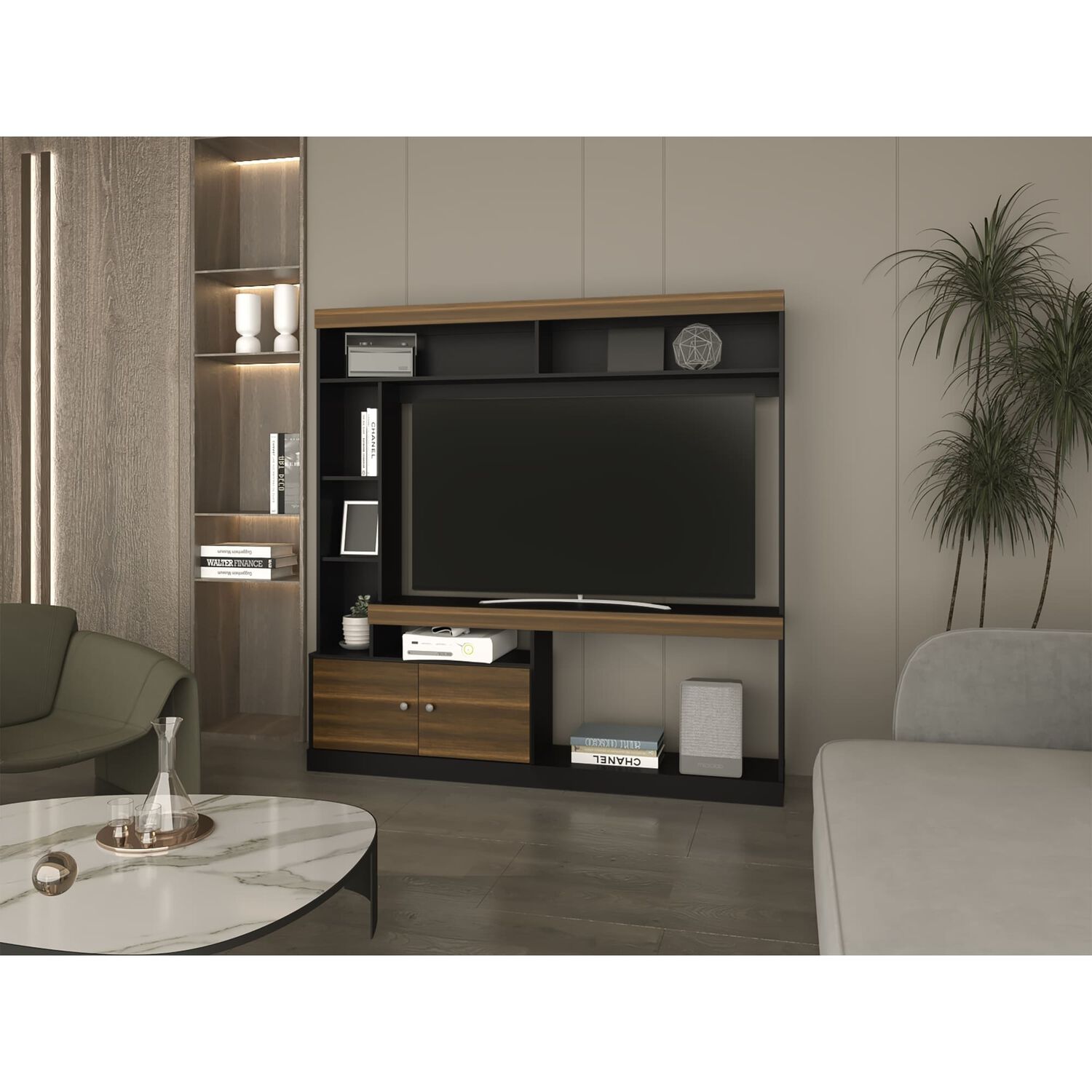 Estante Tv 55" Con 2 Puertas 7 Repisas Caf&eacute; Oscuro Y Negro image number 4.0