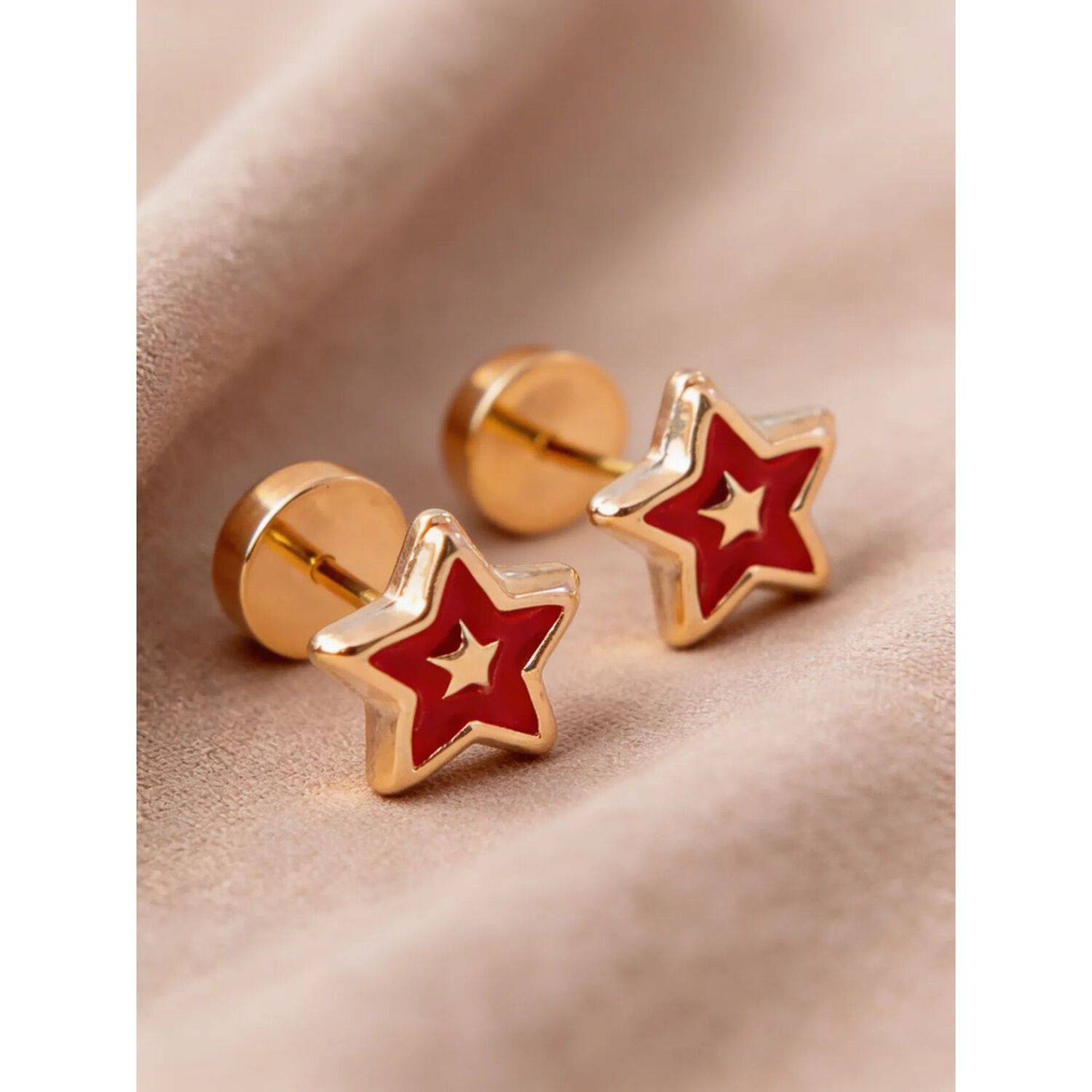 Aros Abridores Estrella Colores 5mm Oro 14k Beb&eacute; Ni&ntilde;a Rojo image number 2.0
