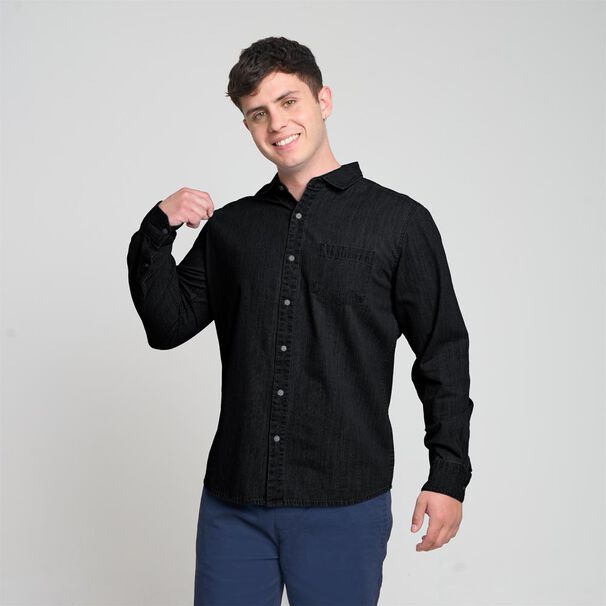 Camisa Lisa Denim Slim Manga Larga Hombre Skuad